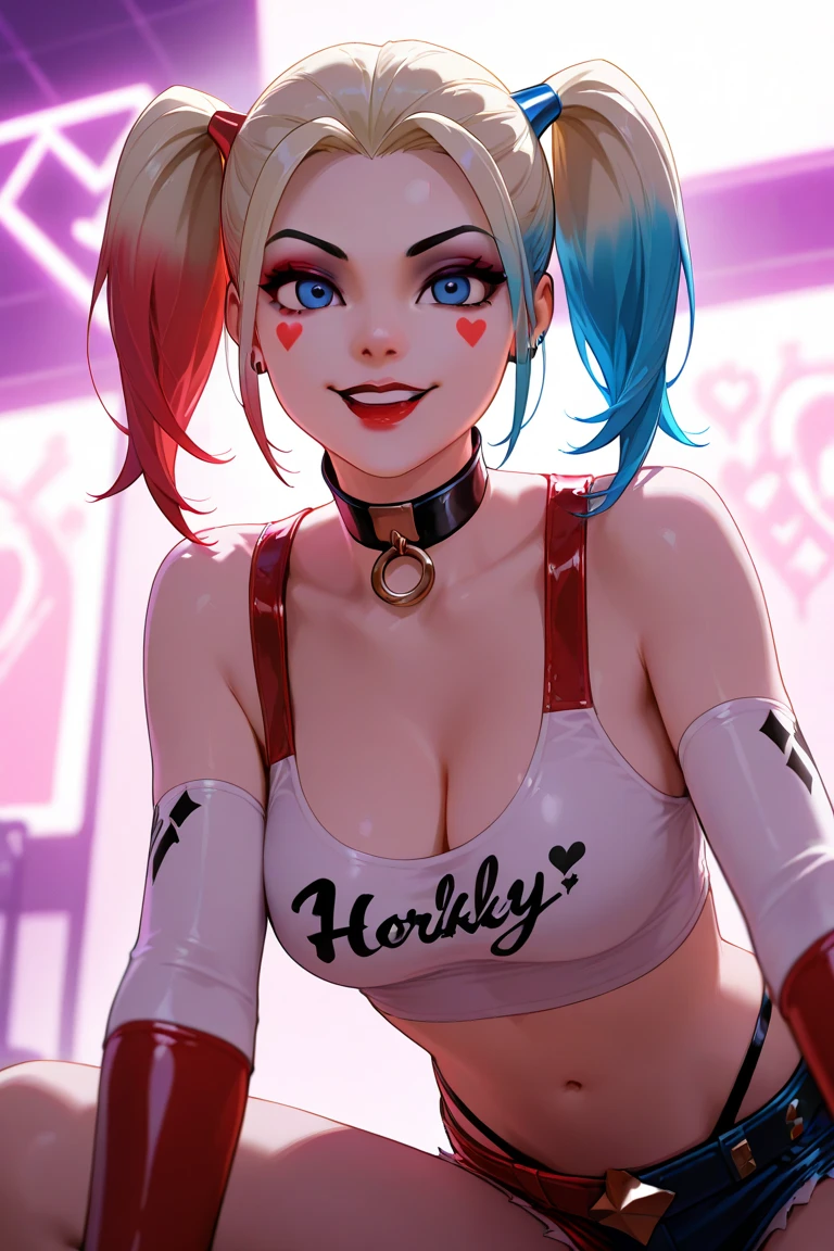 work of art, best qualityer, ultra detali), dynamic pose, dynamic lighting, Looking at Viewer, Linda, ultra realistic,32k, work of art:1.2),(highly detailed skin:1.1),( 8k hd, dslr, high qualiy:1.1), dynamic pose, suggestive posing, suggestive smile, perfect body,harley quinn, bangs, blue eyes, blonde hair, twintails, blue hair, multicolored hair, choker, gradient hair, makeup, piercing, pink hair, lips, lipstick, red lips,
thighhighs, gloves, navel, cleavage, jewelry, jacket, open clothes, shorts, black gloves, midriff, black thighhighs, fingerless gloves, collar, bracelet, open jacket, black jacket, crop top, torn clothes, short shorts, tattoo, chain, spikes, cropped jacket, spiked bracelet, spiked collar, micro shorts, multicolored jacket,(melhor iluminação), ((iluminação cinematográfica)),ângulo sexy,iluminação sexy, riso confiante,tiro cowboy,de cima:1.2