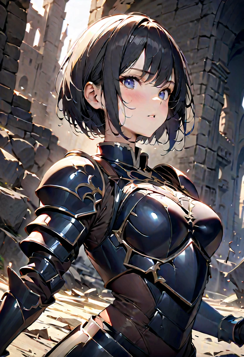 Only One Woman、Black Hair、Dark blue eyes、short hair、Large Breasts、female knight、Wearing armor、Holding back urination、Leaning forward、Align inner thighs、Place your hands on your crotch、Close ~ eyes、Embarrassing、shortness of breath、Open your mouth、Watery eye、Blushed face、Rotated eyes