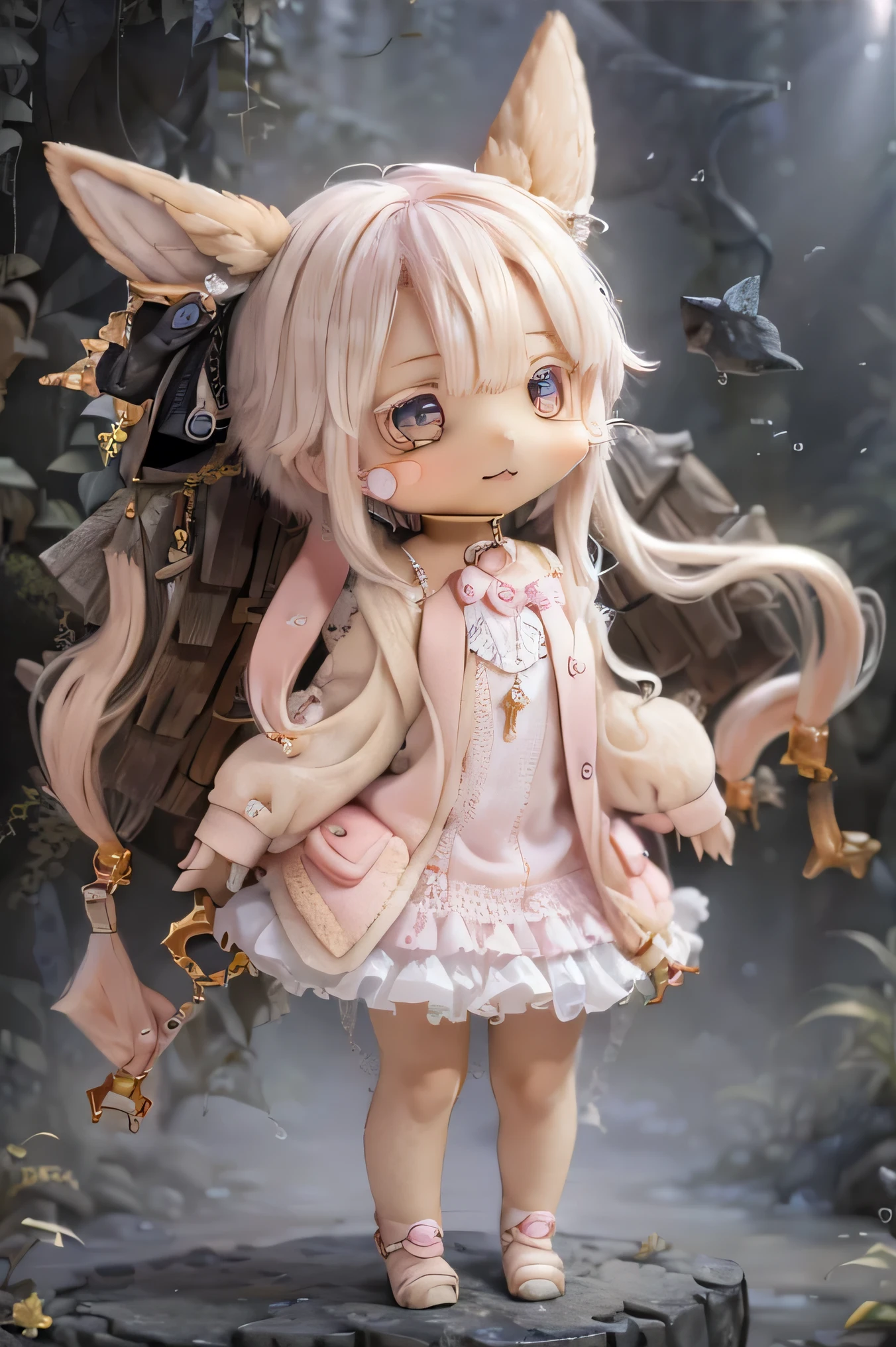  , smile,                      Photorealistic rendering with a warm and bright atmosphere                     .        Similar to a forest setting                                           ,                       it combines                           ,                   beautiful eyes and lips                  .  (((      photorealistic rendering similar to Chibi's character style  ,))) .                  The image quality is excellent                ,                      Illumination highly detailed and realistic features that create a warm and bright atmosphere            . The medium of this work is、                              I created an illustration                     .. The colors are vivid、        illumination、                    made in abyss      、use              。 Full Body(((((    cute pink dress    )))))      Cute Poses 