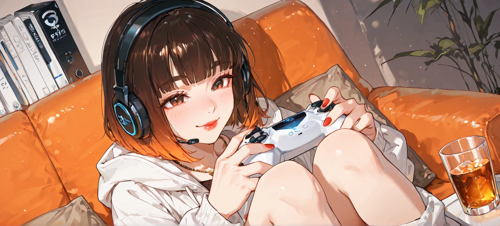score_9, score_8_up, score_7_up, score_6_up, score_5_up, score_4_up, 4k, 8k, playstation5, (((oversized))) white long sweatshirt, 1girl, brown hair[(gradient bob cut: brown to orange:1.4):0.4], simple necklace, brown eyes, red lips, thick lips, red nails, false eyelashes, thick eyebrows, playing video games, holding a PlayStation5 controller, sitting on a pastel orange couch, smile, A cup of whiskey, White Wallpaper, black headphones with microphone, drunk, dramatic angle, Top view, 45 degrees, wide-angle shot, knees up, Panorama