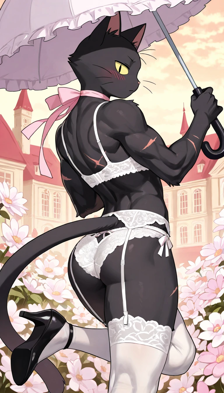 by Zackary911, Zackary911, ((( man, jackal, antrum, huge ass, extremely detailed legs, extremely detailed arms, extremely detailed face, perfectly detailed eyes, perfectly detailed anatomy, licking the side lips in desire, perfectly detailed tongue, presenting hindquarters, seductive))): 1.2, solo, perspective, curved thighs, huge thighs, curvature, looking at the viewer over the shoulder with embarrassed smile, (small tail), Thicc, alone, submissive, luminous blue eyes, dilated pupils, lust, tremor, tight underwear, small underwear, red underwear, ancient greek double bed background, rear view, hand on ass, blush, blush perfectly detailed, blush perfectly visible, giant balls, well-lit body, femboy, shiny skin