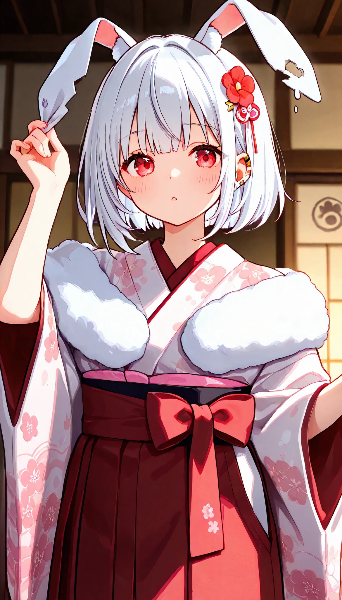 rabbit ears、fluffy、 kimono、broken ear、cute、white hair、medium bob hair