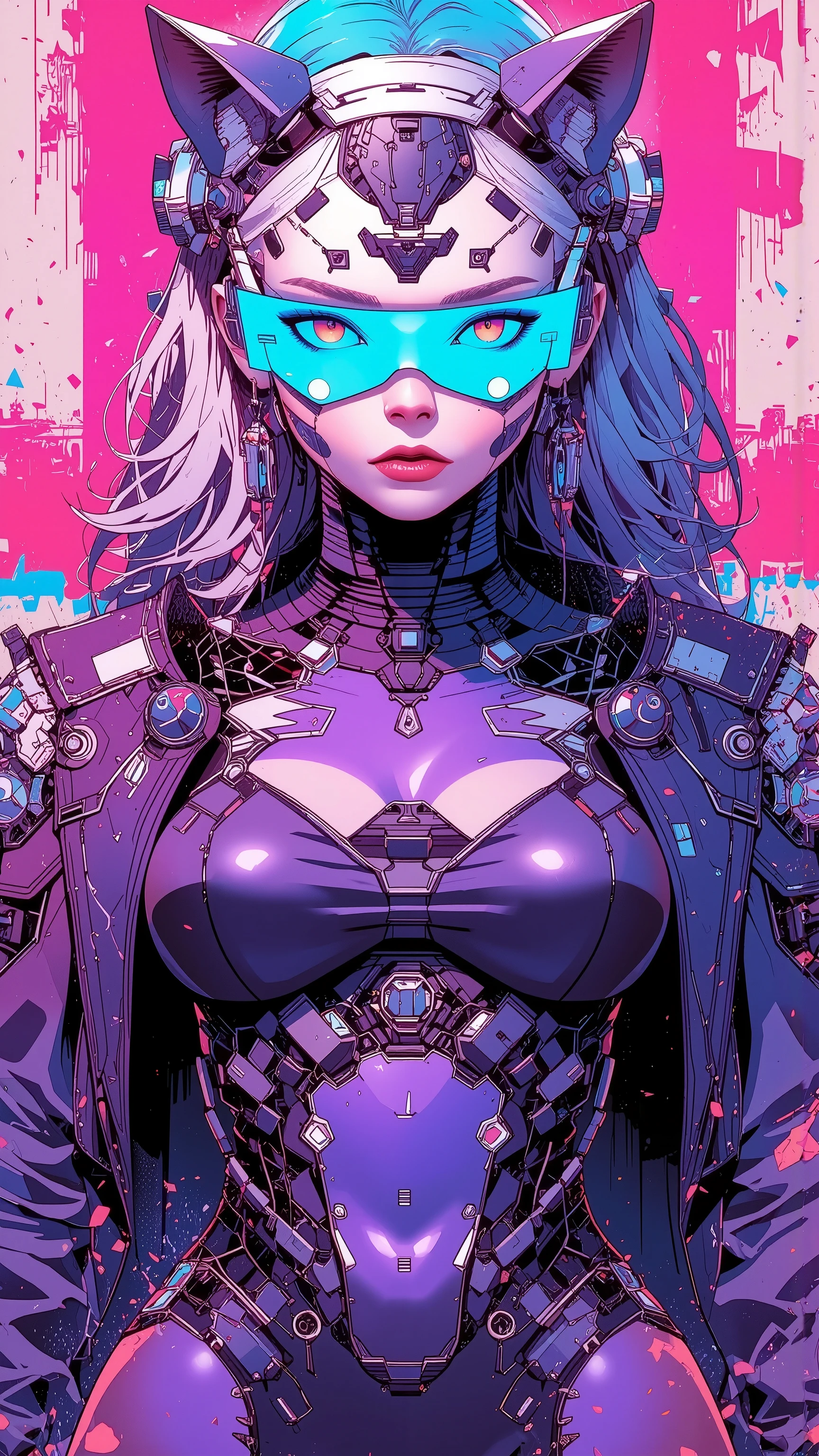 top-quality))、((masterpiece)、cyberpunked、catgirl, revealing cyberpunk clothing, purples, blues, reds, (andy warhol), illustrated anime, retro style classic, big breasts, no background, neon colorsplash background, glitter dust, ethereal, shiny skin,