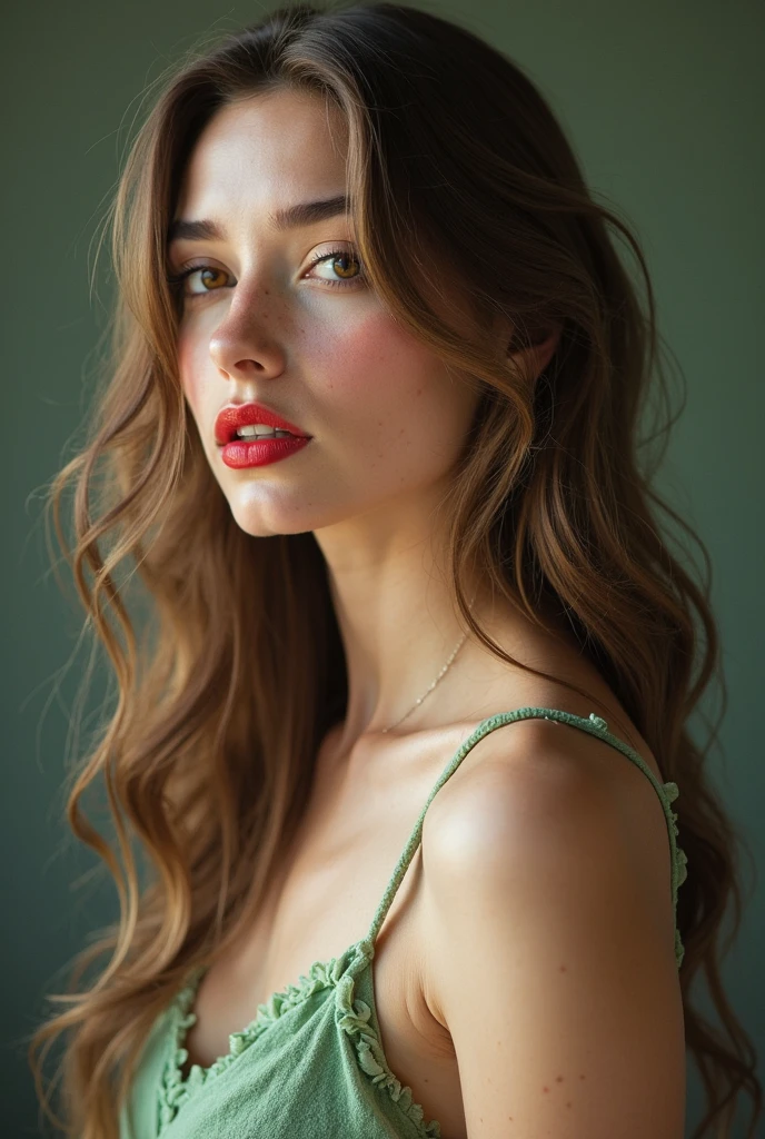Ultra HD resolution, professional portrait of a very cute girl, oval face, wavy brunette hair, brown eyes, perfect nose, layered brown hair, streamlined neck, perfect jawline, red lips, 