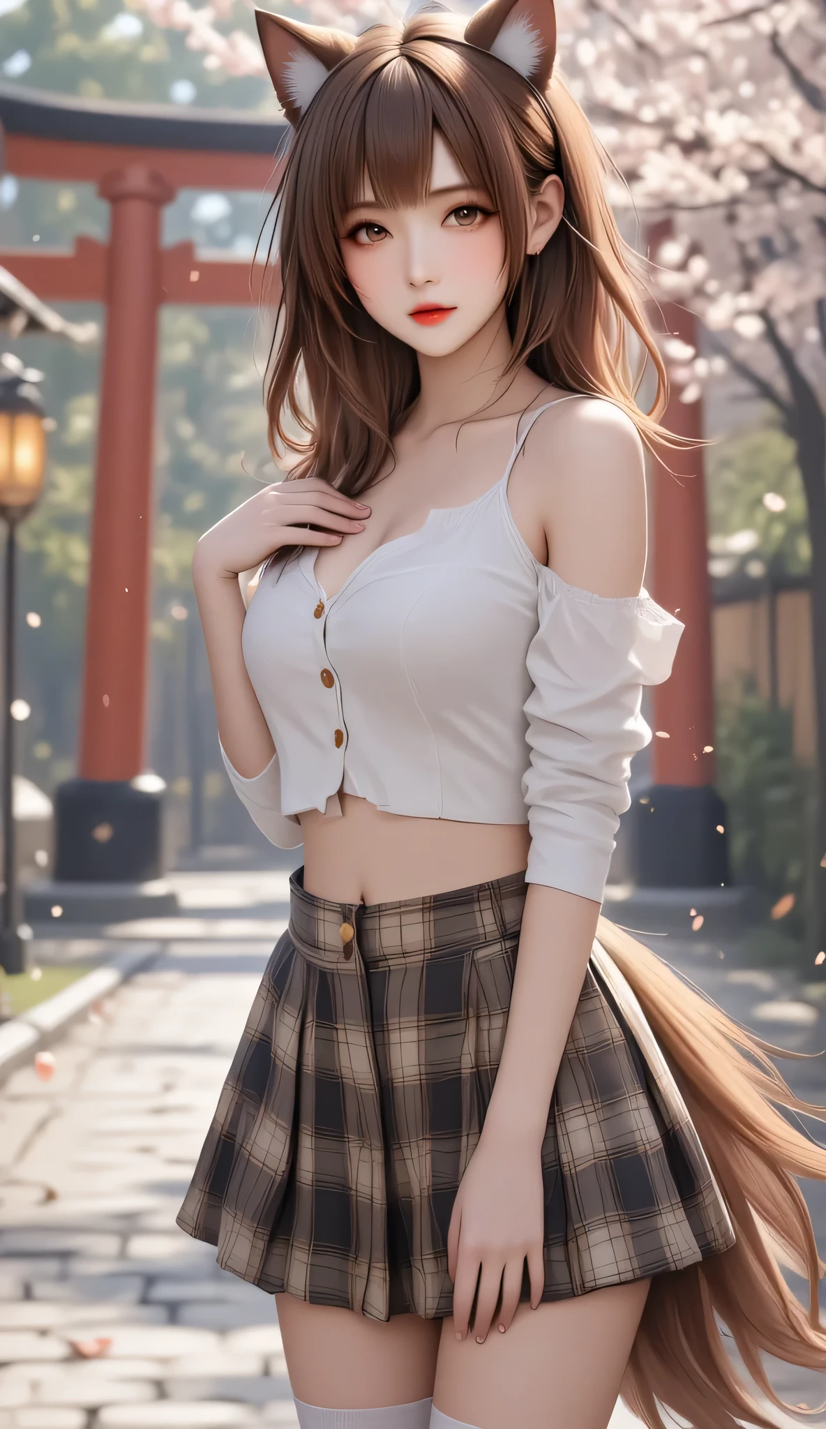 Modern style Asian charming beauty，25-year-old exquisite Asian face，Moisturizing starry eyes+Slightly open red lips，Swan Neck+Right angled shoulder ，Low-cut slim short top shows plump curves，High-waisted A-line plaid skirt outlines the small waist，Red and yellow gradient long hair to waist+Plush fox ears，Unbelievably long legs with over-the-knee socks，Standing barefoot in the Japanese garden with cherry blossoms flying，Bluestone road extends to the vermilion torii，Background is decorated with warm lanterns，Character has S-shaped side curve，Fingers gently stroke the collarbone with seductive eyes，Soft light filter enhances skin texture，4K cinematic quality ，Cyberpunk color aesthetics，High saturation contrast color matching，with clear background without blurring