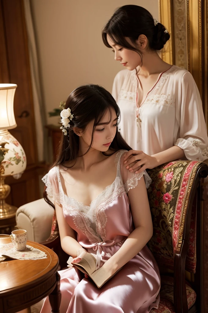 the place is a castle. specifically in a dining room, A young woman who has a nightgown with long, wavy black hair is crying while an elderly woman comforts her by hugging her.