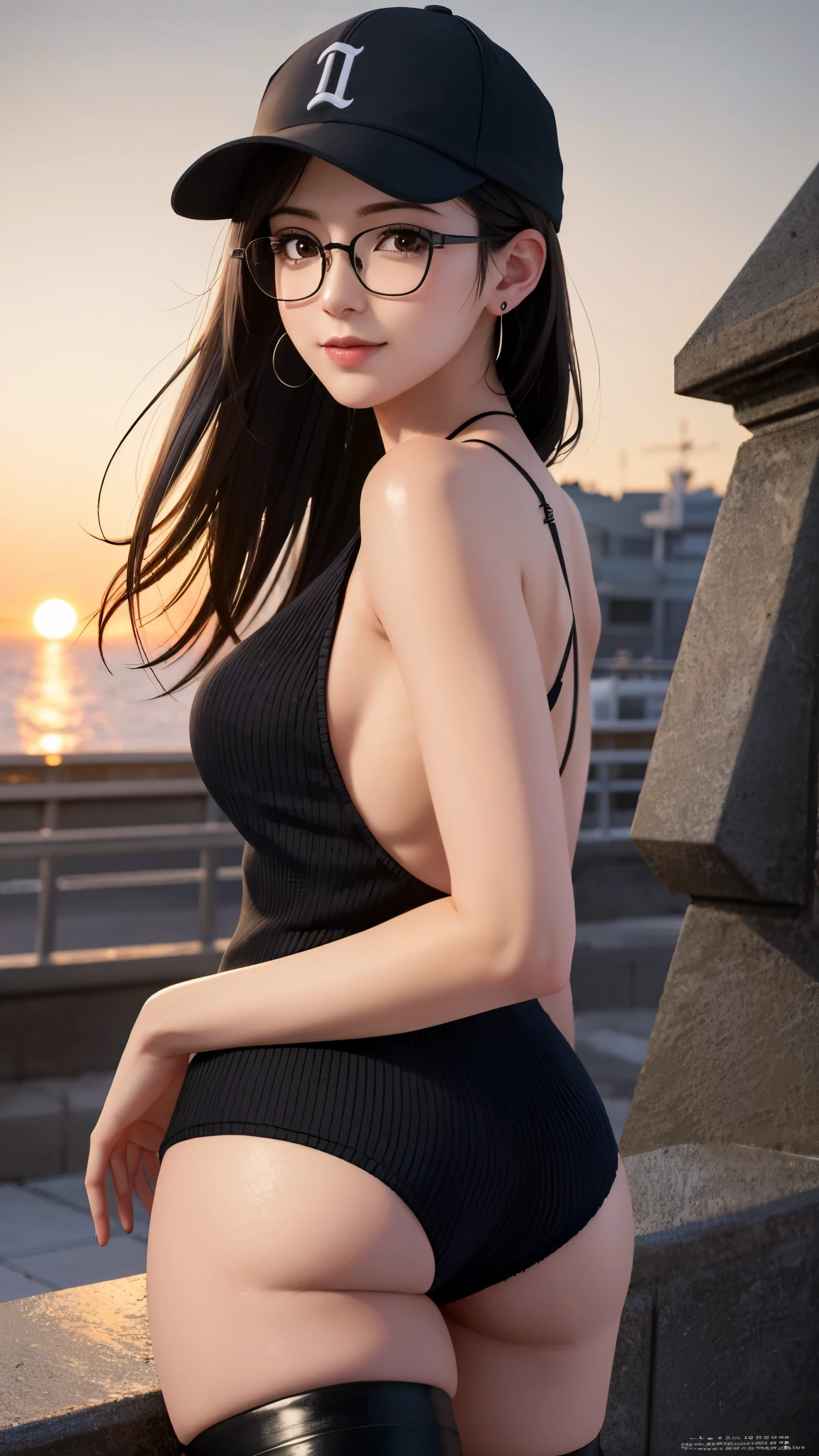 (((masterpiece:1.4, best quality:1.4, 8K, ultra high resolution, photorealism, Physically based rendering))), sharp focus, full body portrait, full-body shot, flat lighting, Super beautiful sexy woman, very beautiful japanese woman, Perfect body:1.1, 24 years old, alone, Exquisite big eyes, detailed eyebrows,big breasts,,emphasize, (((Brown long straight low half bun:1.3, hair behind ears, Bangs))), (A strong wind blew her hair up:1.4), Highly detailed facial and skin textures, slim and beautiful:1.4, ((sleeveless, Translucent black tight dress:1.5, take off shoulders:1.5)), ((huge breasts:1.6)), (breast exposed:1.2), small areola, thin waist、lean abs, (dress:1.6), (Detailed beautiful pussy exposed, :1.4), full-body shot, (Slender), No makeup, clear facial features, looking at the audience, (Smile:1.2), (lift your legs:1.2, sitting,she pushes forward:1.3、spread legs, camel toe), (Detailed beautiful pussy exposed, :1.4),(Front view), (Sunset), (incredible sky:1.2), (Santorini:pearl of greece, This island is famous for its stunning white architecture, known for its colorful dome and spectacular Sunset:1.3),