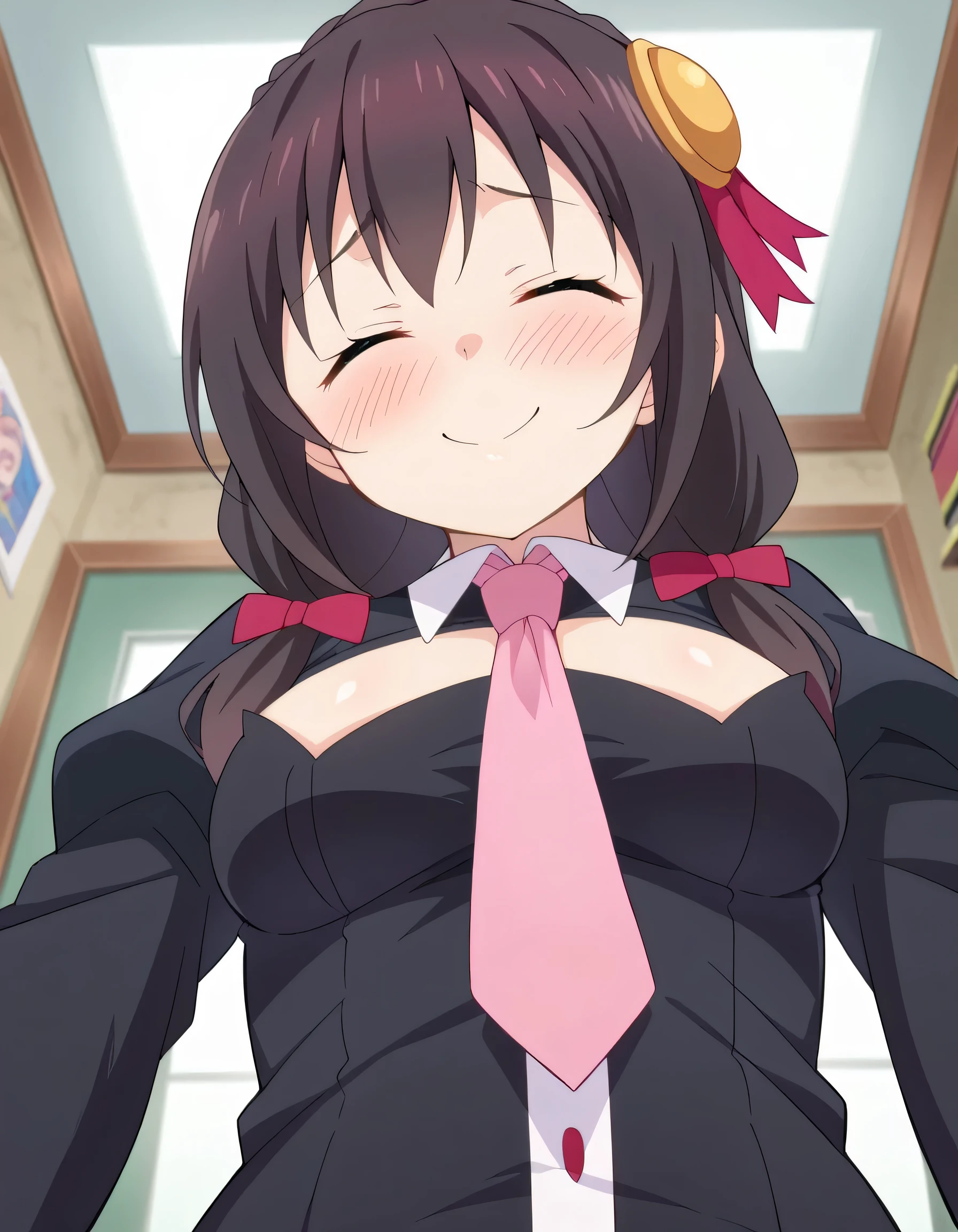 high image quality during sick leave,high quality、
Yunyun、 black hair, hair accessories, With both eyes closed, Long Sleeve, tie, pink tie、See viewer、(blush:1.2)、(happy smile)、(from below:1.2), low angle, (looking down),(Extreme low angle:1.2),upper body,interior