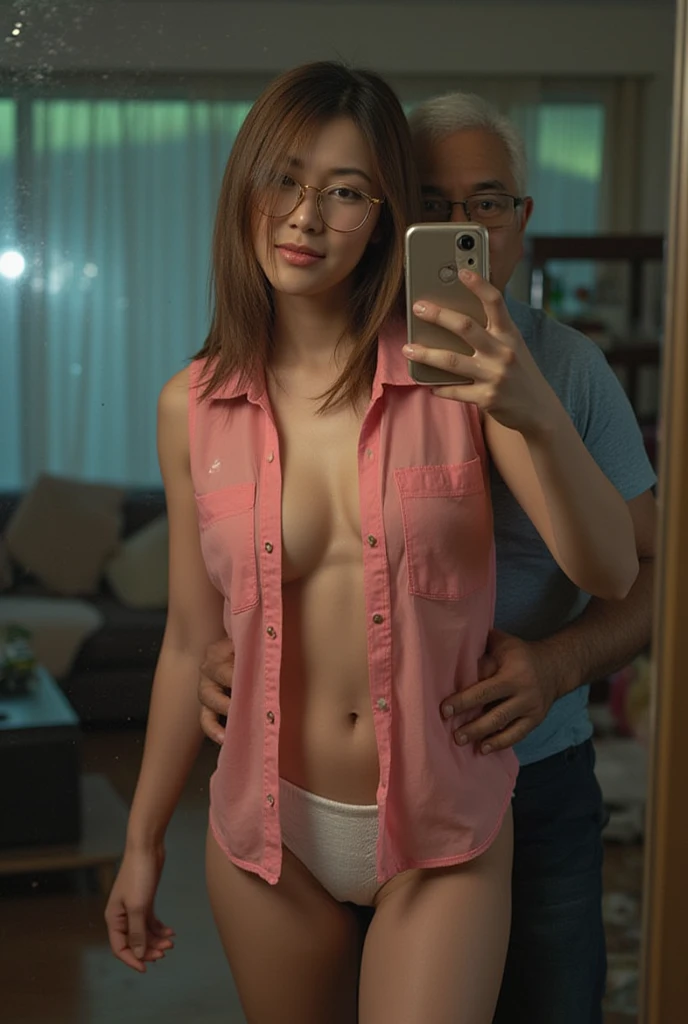 NSFW, (masutepiece, Best Quality, photographrealistic:1.4), (Shiny skin), (nffsw, 8K Wallpaper, High resolution), Perfect Anatomy, Cinematic lighting, Physically-based rendering, Award-winning, highlydetailed skin, extra detailed face, Eyes with beautiful details, Carl Zeiss 85mm f/1.4, BREAK, (((1man and 1girl, Having sex:1.5)), On the floor, BREAK, Very cute 18 year old school girl,  (Pink wavy semi-long hair and bangs), small tits, (competition athletic wear:1.4), View from below, (Naked:1.5), (flat chest:1.5), ,((gangbang,2boys,Having sex:1.5)), (Short hair:1.5), (Scary face), ((vaginal,sex)), ((feel ogasm)), dynamic pose, ((fellatio)), (tongue licking), (wearing glasses), ((super real skin)), ((slender body)), ((small titts)), ((ponytail hair))