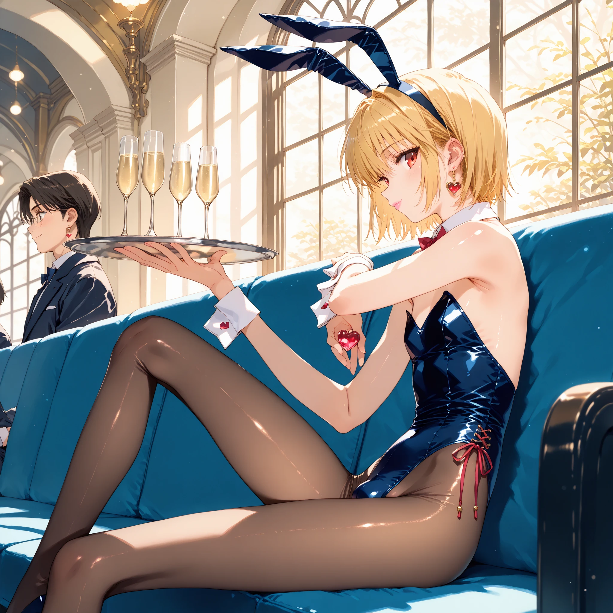 Short haircut、Blonde、tits、Bunny girl、stockings、Open your legs while crouching、Perfect body、Love juice overflows