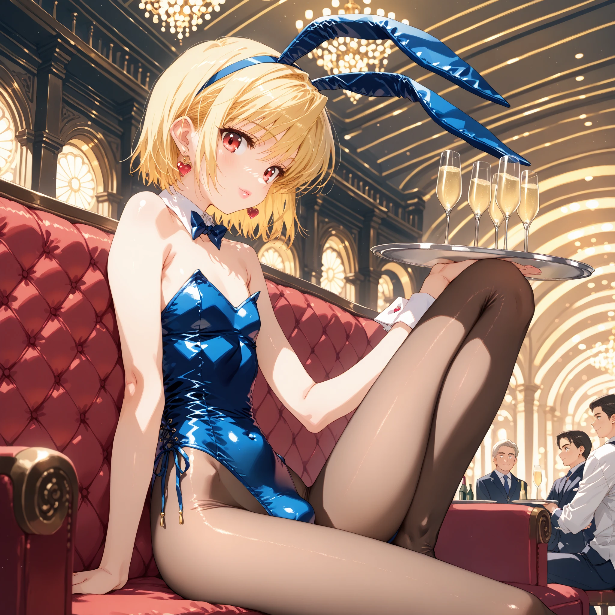 One girl, Natural light, masterpiece, Very detailed, figure, Game CG, Absurd, high quality, kinomoto sakura, (1 girl), Medium chest, Beautiful attention to detail, Glossy Lips, Natural light, fluffy short blonde hair, Messy Hair, Green Eyes, Cafe, A light smile, Bunny ears, strapless leotard, Detachable collar, pantyhose, Wrist cuff