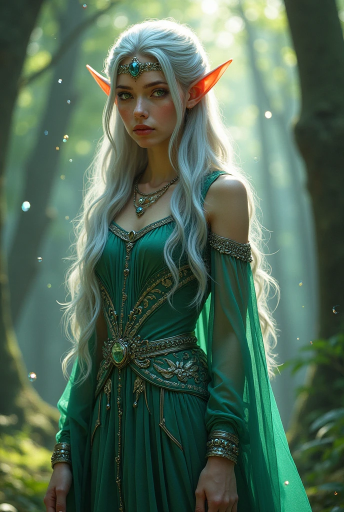 A girl of Elven descent with white hair and green eyes, standing in a forest, dressed in a combination of green and beautiful accessories, adorned with a small silver half-crown.