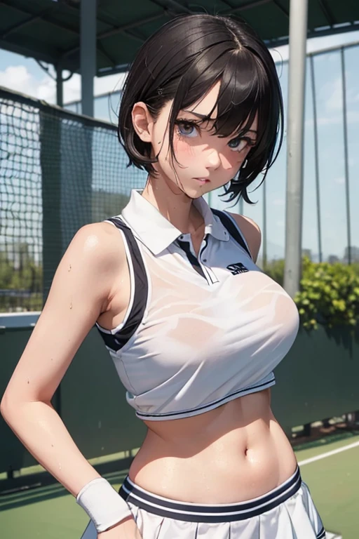 1girl, solo, white polo shirt, white sneakers, tennis wear, white miniskirt, masterpiece, best quality, realistic, hyper-detailed, (shiny skin, sweaty:1.4), absurd, looking at viewer, short black hair, brown eyes, slender, dynamic lighting, high resolution, sharp focus, depth of field, detailed eyes, sharp pupils, realistic pupils, (small breasts:1.6), (thick thighs:1.0), outdoor, sky