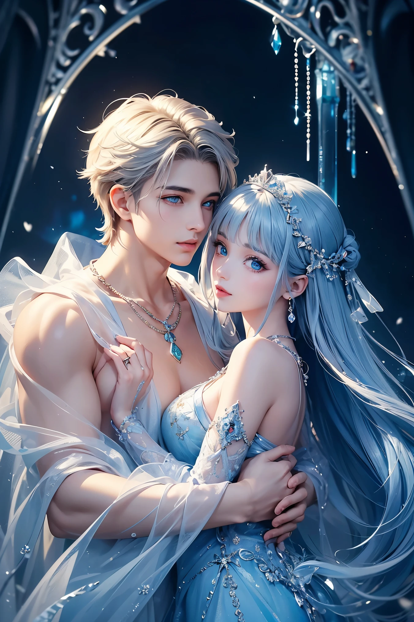 Half body shot a beautiful couple, very handsome hunky celestial white super bulge shirtless Jack Frost and very beautiful and sexyness celestial white ice Princess , standing firmly face frontal camera focus asymmetrical face details,charachter, beautiful, devian art, trending artstation, digital art, detailed, realistic, humanoide, character,cinematic sho ,cinematic lights, high textures, high resolution, dreamlikeart, 8k, highly detailed, stabilized diffusion