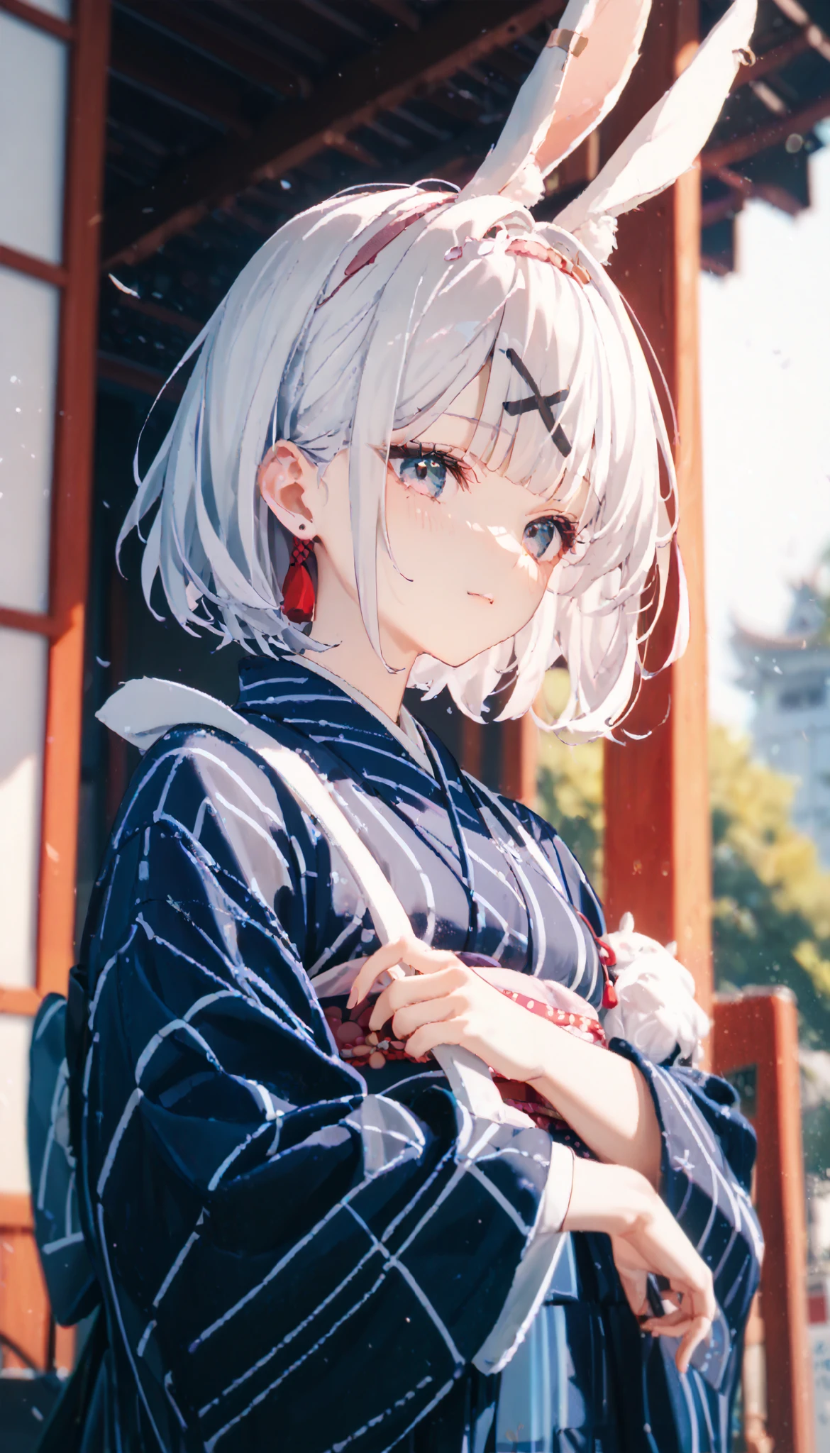 rabbit ears、fluffy、 kimono、broken ear、cute、white hair、medium bob hair