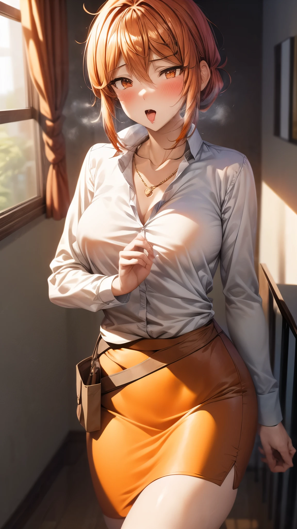 (Ultra High Quality,ultra high definition,16k,Super Masterpiece,Ultra HD ,detailed shading and background,)Upper body shot,Sexy Wife,Orange hair put together, white long sleeve shirt,Chest Valley,necklaces,pencil skirt,Open your lips a little,blush,living,stand on my knees,Transparent penis,