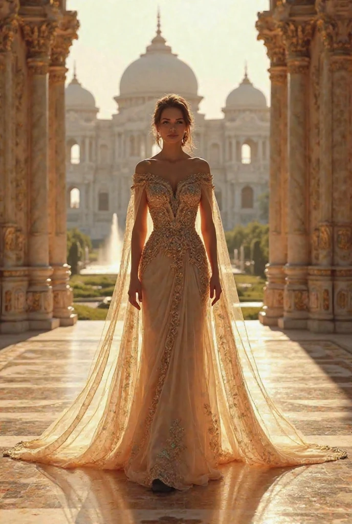 (Realistic, High resolution:1.3), 1 girl with the perfect body, Very detailed face and eyes, long hair, ผิวขาวvery beautiful, Thai style, very beautiful, Facing straight, Stand tall, He is a queen., Wearing Thai Dress, gold color, Silver, Behind him, Increased during the day, There is a beautiful Thai palace-style mansion., Daytime scene, Beautiful CG