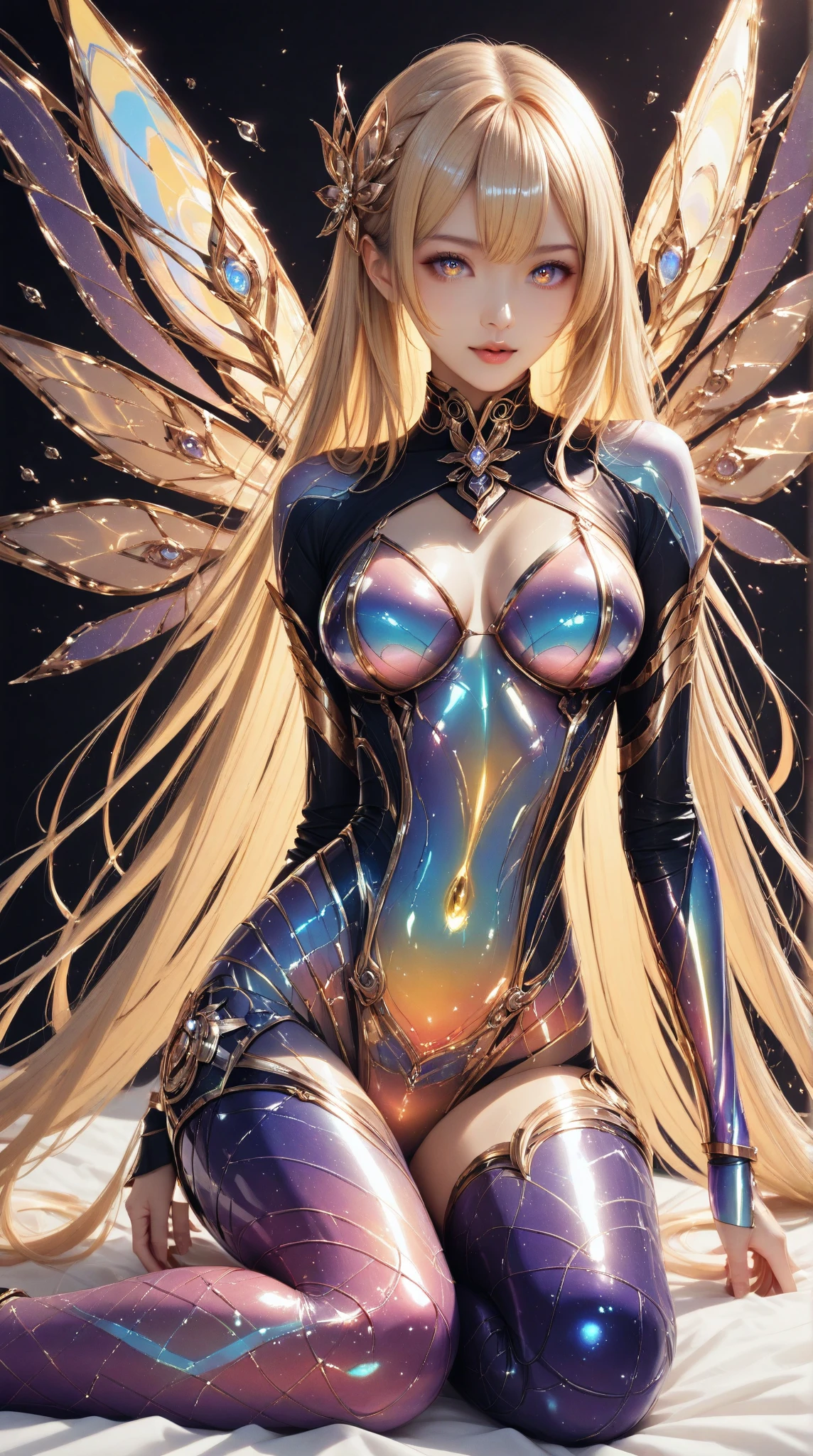 Woman, long blonde hair, water green eyes,solo,32k,Super-Resolution,Full-HD,1080p,Fullscreen,Wallpaper,Generated by Midjourney,1080p, alone, bangs in hair, metallic wings stuck on back, dynamic pose