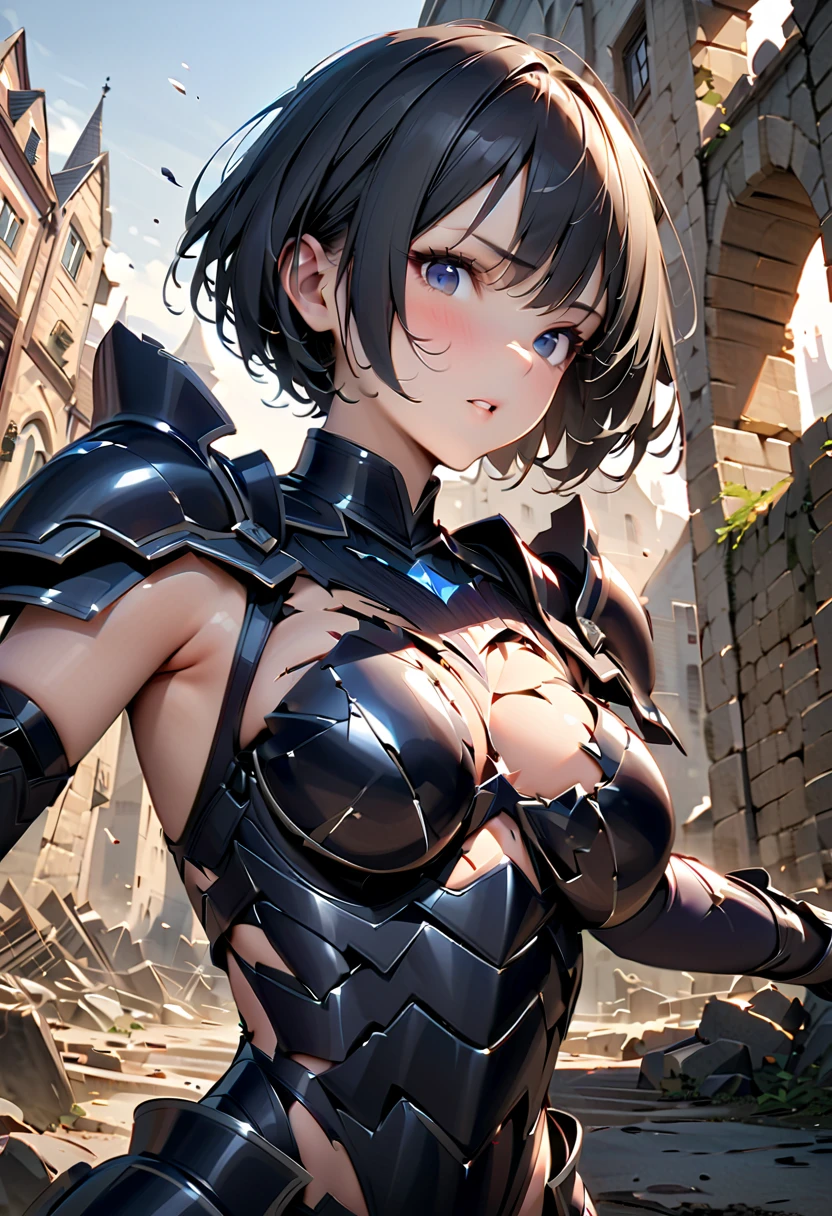 best quality,4k,8k,highres,masterpiece:1.2),ultra-detailed, extremely detailed eyes, extremely detailed body, (large masterpiece digital art), (detailed manga illustration), (detailed line art), ((perfect anatomy)), (intricate details:1.3), (ultra-detailed:1.3), (illustration:1.3), (sharp focus:1.3), (natural lighting:1.05), (vivid colors:1.3), (masterpiece), best quality, expressive eyes, perfect face, 1 girl, breasts, gloves, large breasts, {blue hair}, medium hair, wavy hair, (gray eyes), hourglass physique, huge ass, dynamic pose, dynamic lighting, fur trim, hair bun, glowing, crystal, delicate\(armor\), armor, ((full armor)), cuisses, shoulder armor, belt, hand guard, boots, glove, particles stream, creationmagic, ethereal creation, Magic Circle, glowing, crystal, jim lee, beautiful esd_woman, hair bun, fur trim, jewelry, crystal, wild energy, cinematic lighting, heroic atmosphere, Beautiful woman, Atey Ghailan, Jeremy Mann, Greg Manchess, Antonio Moro, trend in ArtStation, trend in CGSociety, Intricate, High Detail, Sharp focus, dramatic and photorealistic painting art by Midjourney and Greg Rutkowski, Marvel Cinematic Universe style, (((mystical gothic castle in the background))),