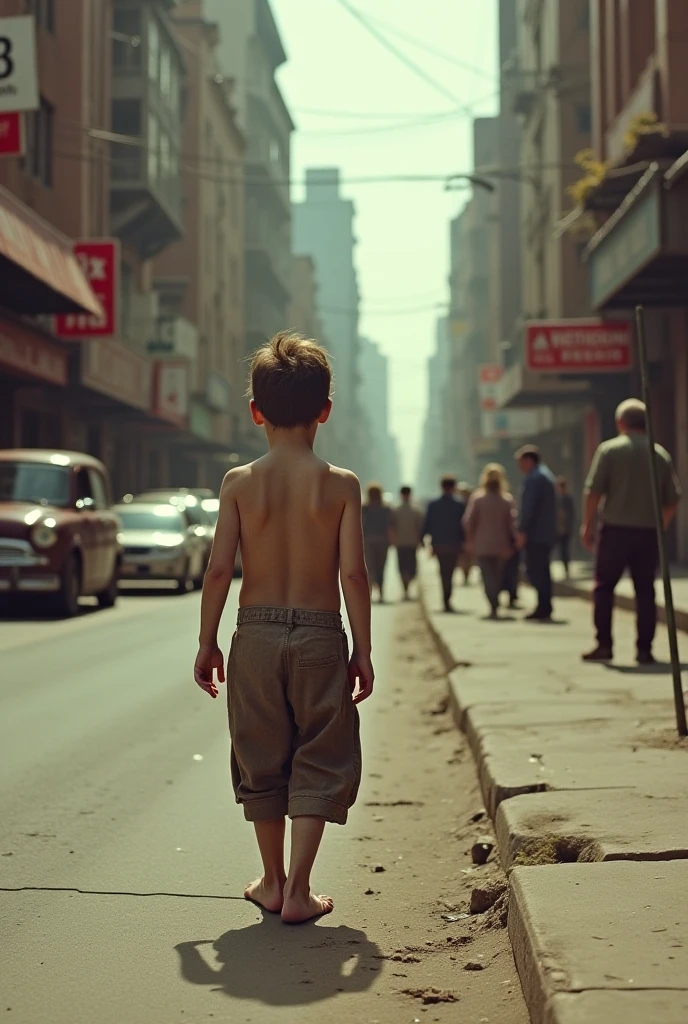 "A Small, Weak American Boy in Brooklyn, New York in 1920" Looking at a Poster on the Street by Syd Mead, Tangerine Color Palette with World War II Poster, Detailed, Soft Colors, 8k