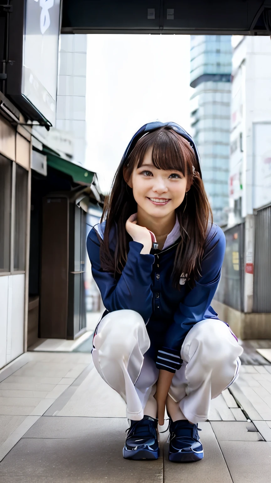 top quality、((8k))、(ultra high definition)、(realistic:1.4)、 Tokyo 、woman、片足を椅子に乗せているwoman、((( crouching )))、smile、かわいいwoman、sailor suit、face the front