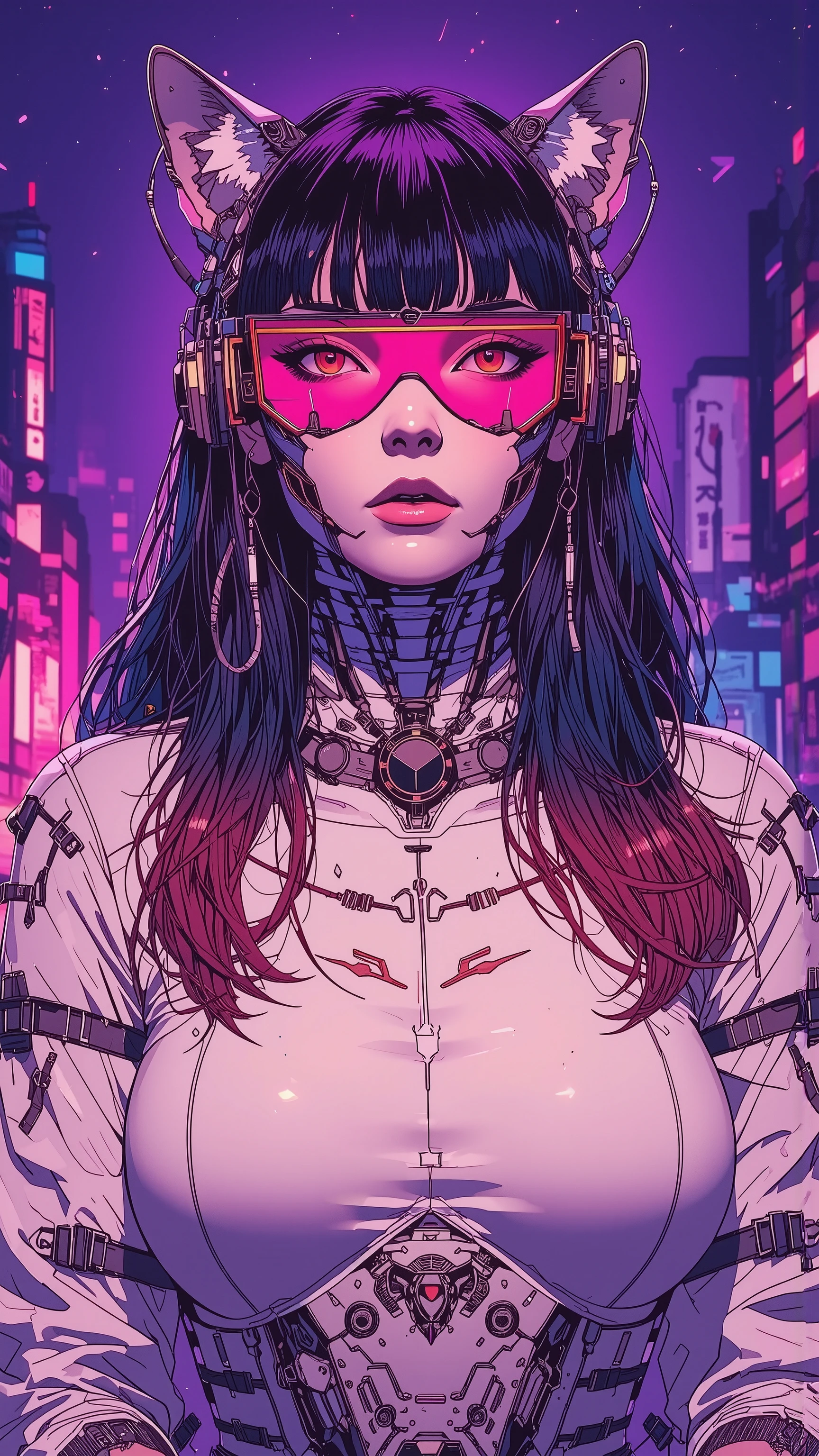 top-quality))、((masterpiece)、cyberpunked、catgirl, revealing cyberpunk clothing, purples, blues, reds, illustrated anime, retro style classic, big breasts, no background, neon colorsplash background, glitter dust, ethereal, shiny skin,
