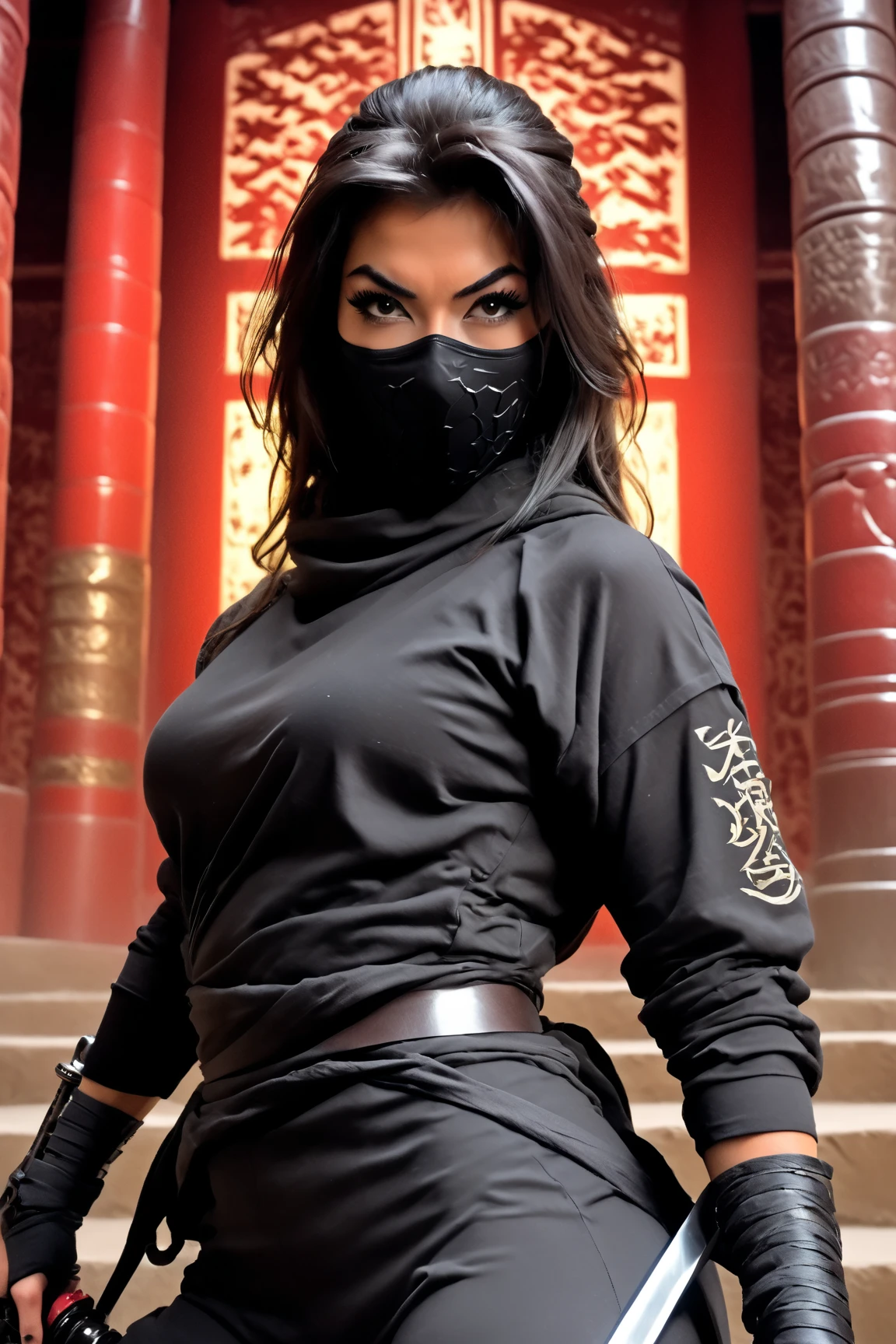 arafed woman in a black outfit and a black mask, cinematic goddess body shot, thicc, thick armor, samira from league of legends, flowing robes and leather armor, close up half body shot, ornate cosplay, stunning armor, ornate bikini armor, photogenic details on armor, inspired by Kanō Hōgai, bikini armour, kitsune inspired armor