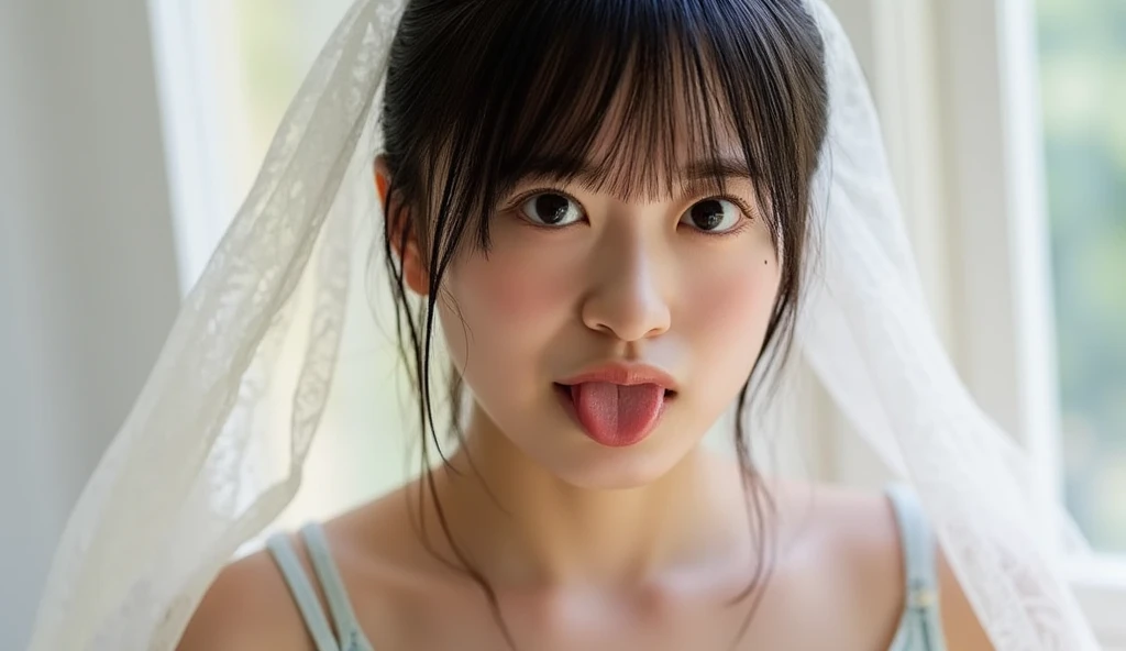 1 girl、debris flies、、award winning photos、very detailed、eye、nose、focus on the mouth、close up focus on face))、口を開けてeyeを閉じた女性、35 years old、black hair、しわeye:1.1、symmetrical face、リアルなnose孔、from belowのアングル、細長いC字型のnose孔NSFW、sweaty skin、Lighting that emphasizes the skin that shines with sweat、((鋭いnose))Skin shiny with sweat、shiny skin、sweaty hair、上eye使い、(wrinkles between eyebrows))(cum on tongue)Lighting that does not cast shadows on your face、from below、(hotel door women uniform、)long tongue、drooling.((Drool dripping from the tongue、saliva drips from the tongue))、(((Drool bubbles remain on the tongue、)))(chapel、wedding style、Wedding dress、white dress、tiara)、
