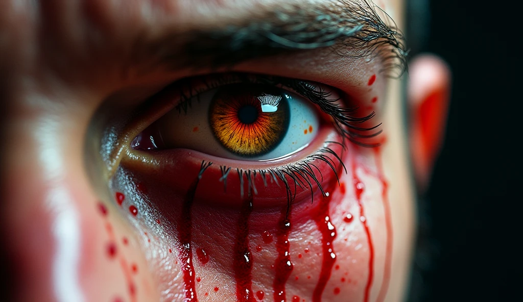 (best quality), (Superfein), (Meisterwerk), oil drawing, one eye crying blood drawed on a blank black background, horror
