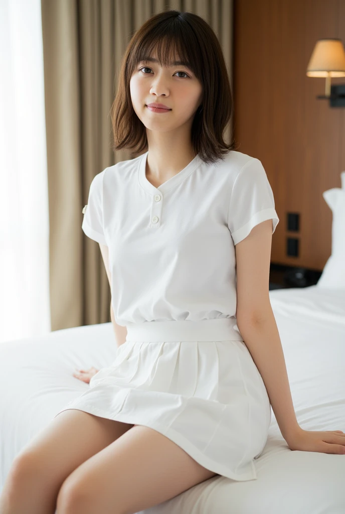 (Highest quality:1.9)、(High resolution)、Live-action image quality、((20-year-old woman、1 person))、Soft lighting by a professional photographer、Natural light、((Very spacious white luxurious room:1.6))、((Bright white room:1.6))、(Standing in front of a very luxurious white bed:1.2)、(White bookshelf background:1.1)、Natural soft light、((Black Hair Color:1.1))、Fair skin、Detailed Eyes、double eyelid、Slightly puffy cheeks、((Small Face:1.0))、((White short-sleeved shirt、Please wear it with the chest open.:1.7))、((White and black striped skirt:1.2))、(Cute Smile)、((Girly pose 1.8))、((Long curly hair:1.1))、((Full Body Shot:1.2))、((Height: 165cm))、Hands in front、Hold hands between legs、