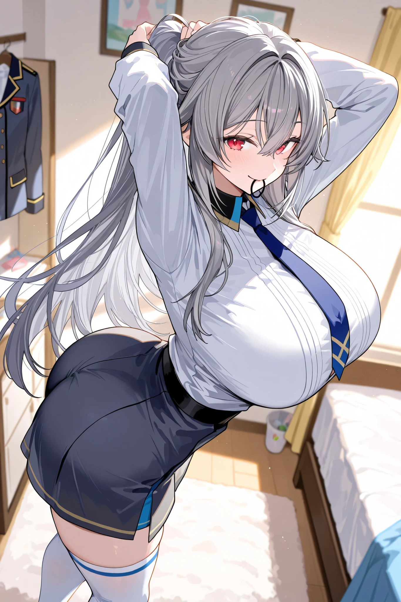 Tall girl , Fit girl ,score _9,score _8,score _7up ,score_6 _ up uncesored , 1 girl , long hair , ling hair gray , red eyes , gray hair , shirt , shirt , hair between eyes , huge breasts , huge ass , salior outfir , shcool uniform , Tie , white stockings , smile , close mouth , Tying up hair tie, background in bedroom, standing ,crop clotches , she is , you can see the foot