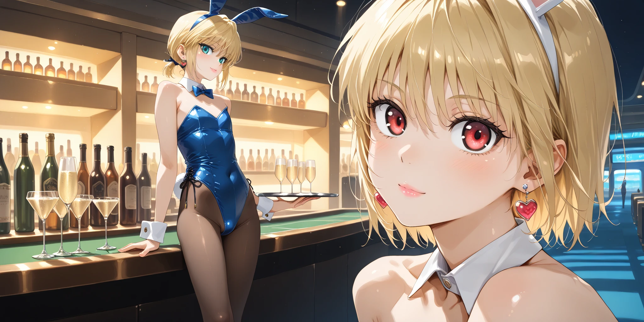 chisato nishikigi, short hair, bangs, Blonde, (Red eyes:1.5), hair ribbon, One side up, Bobcut,happy smile, smile, Open your mouth,(Bunny girl:1.5),(レッドPlayboy Bunny:1.0),Black pantyhose,Stiletto heels,
Playboy Bunny, Bunny ears, smile, Cowboy Shot, casino, Poker Chips, Indoor tray,
break indoors, casino,
break looking at viewer, (Cowboy Shot:1.5),
break (masterpiece:1.2), Highest quality, High resolution, unity 8k wallpaper, (figure:0.8), (Beautiful attention to detail:1.6), Highly detailed face, Perfect lighting, Highly detailed CG, (Perfect hands, Perfect Anatomy),