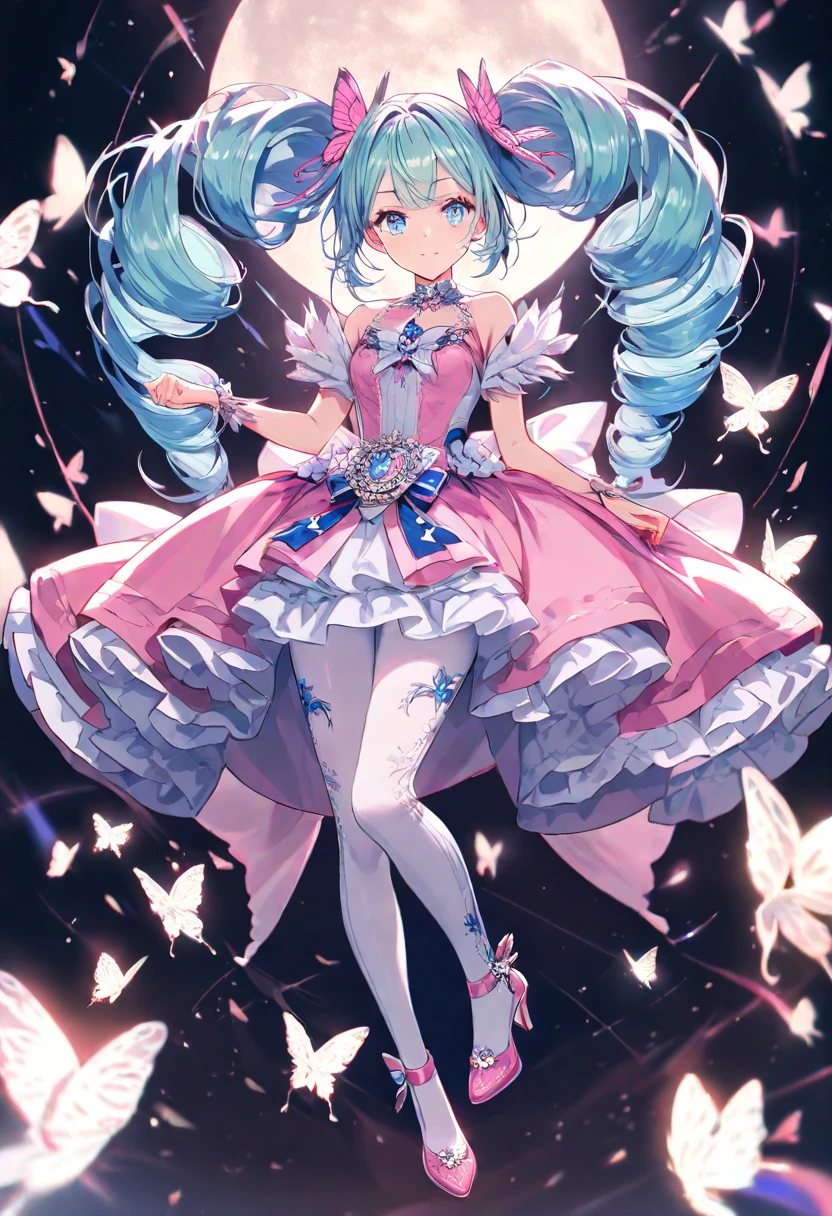 She has long sky blue hair and pink eyes. 

She wears a pink dress, white stockings that she cuts out for her feet. SPARKLE; GLITTER