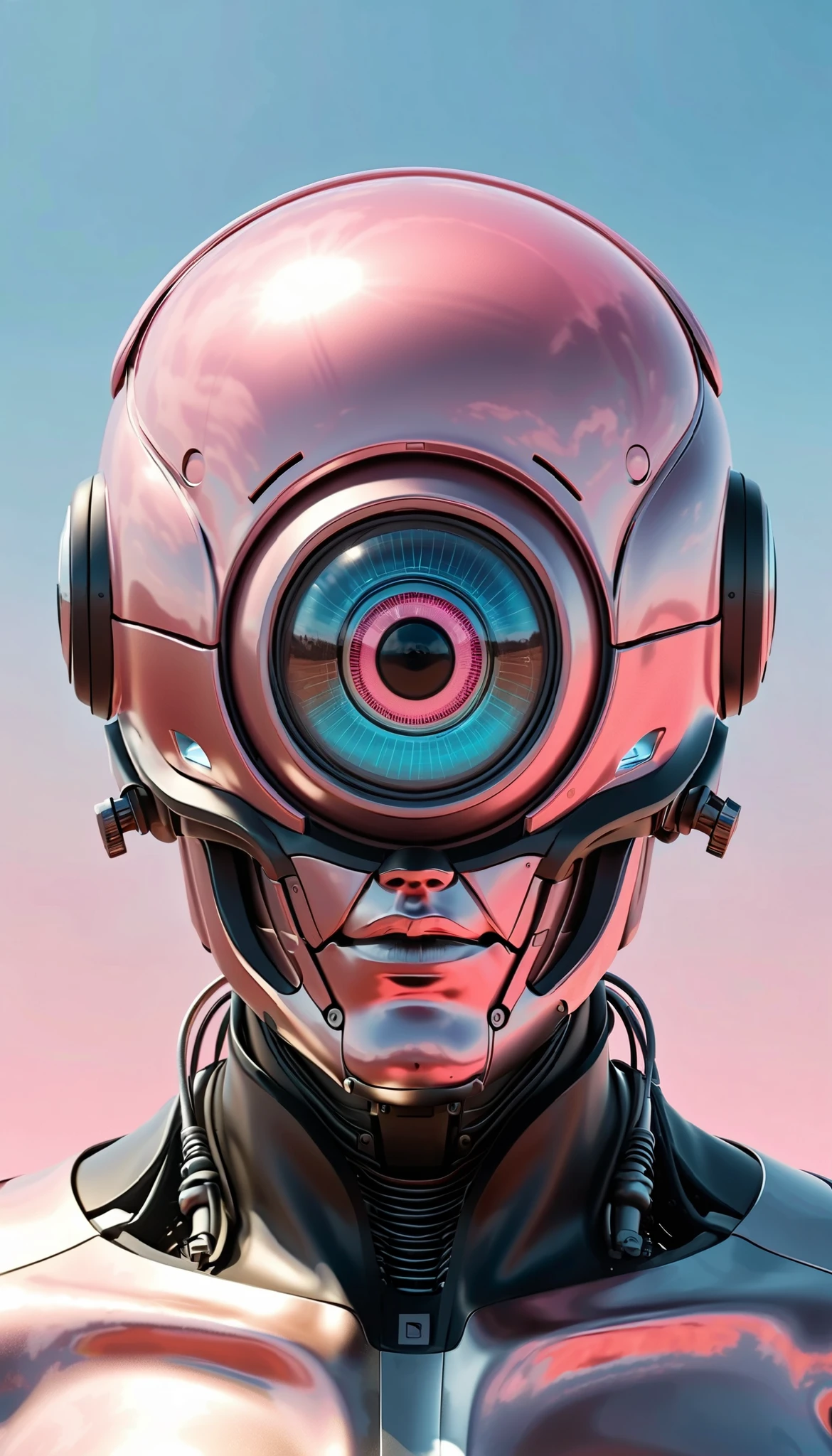 Mechanical Eye Future Technology Architecture, , Gradient Background, Soft Color Palette, Pink Blue, Minimalism, Artificial Intelligence, Surrealism, niji ，by Norman Foster,two point perspective,