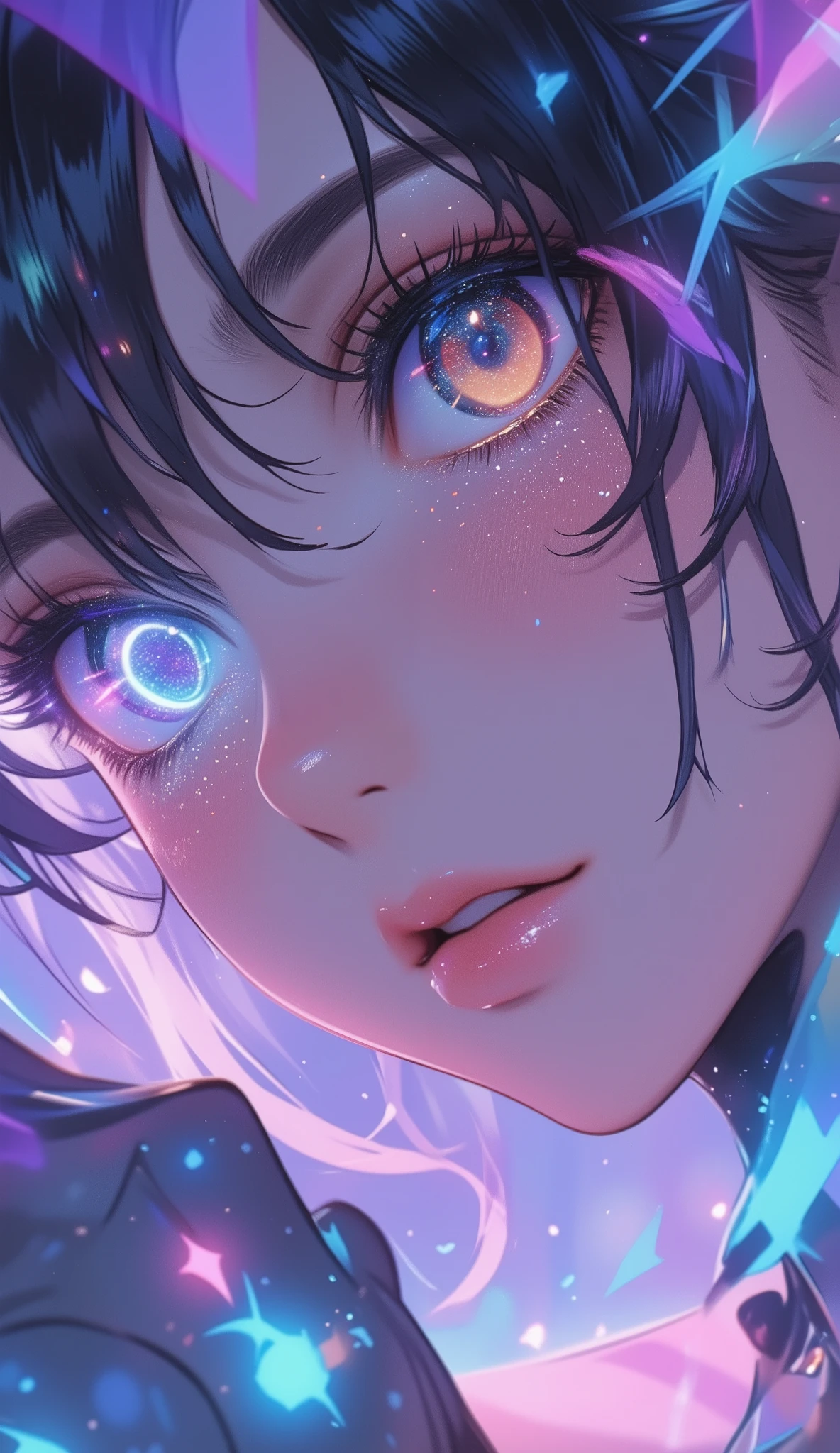 (close up A Cybernetic Eye:2.0), best quality , high image quality during sick leave, 16k, stations that emphasizes the buttocks and is unbelievably stupid , very detailed, 2.5D, pastel fantasy with detailed descriptions, cute sexy girl, (、Deep cleavage:1.8), Attractive at the pinnacle of a beautiful girl's face, sexy Big Breasts girl who has A Cybernetic Eye、、、face close-up, , glitter effect, silence, quiet,, Diffuse reflection of light, , glitter effect