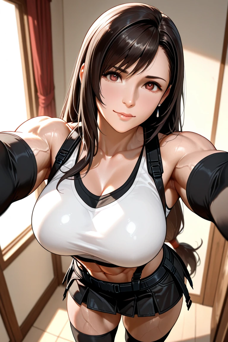 she is wearing black clothes, High Cut Bodysuit.A woman doing professional wrestling Tifa Lockhart Open Finger Gloves Fight in the ring Chokehold