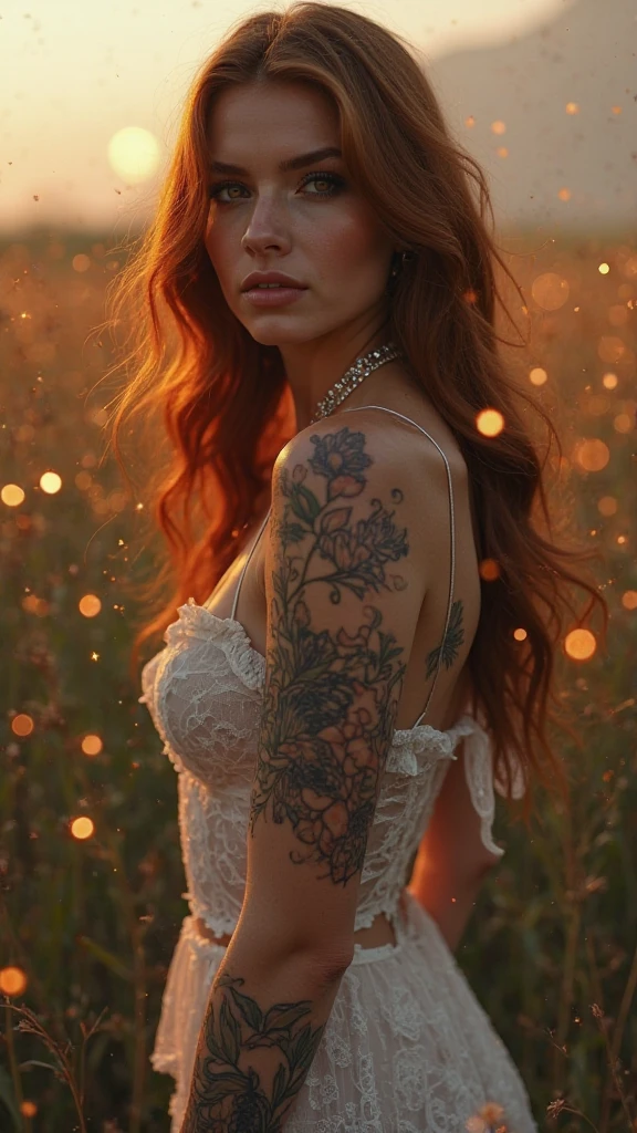 A lovely woman, kneeling with her back to the viewer, delicate flowers tattooed on her bare back, professional photography, high quality, detailed, photorealistic, soft natural lighting, warm color palette, serene atmosphere, intricate tattoo details, graceful pose, beautiful skin tones, cinematic composition, dramatic shadows, depth of field (safe for work)