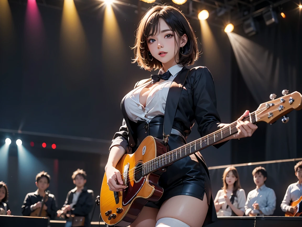 super high quality, 8k, RAW photo, realistic, wearing electric guitar, beautiful sexy woman, forehead, hime cut, full makeup, red sexy thick lips, amorous expression, lewd expression, sitting, large breasts, slender, great proportion, background dark fantasy, scattered golden confetti, professional flare lighting