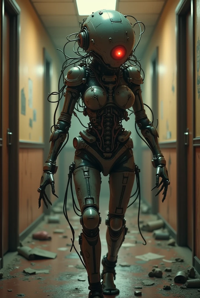 A cyborg girl runs out of the supermarket. The front camera. The atmosphere of the post-apocalypse, the ruins of an urbanized city in the background. Super detailed, clear outline, clear focus, high resolution 8K, cinematic, photorealistic