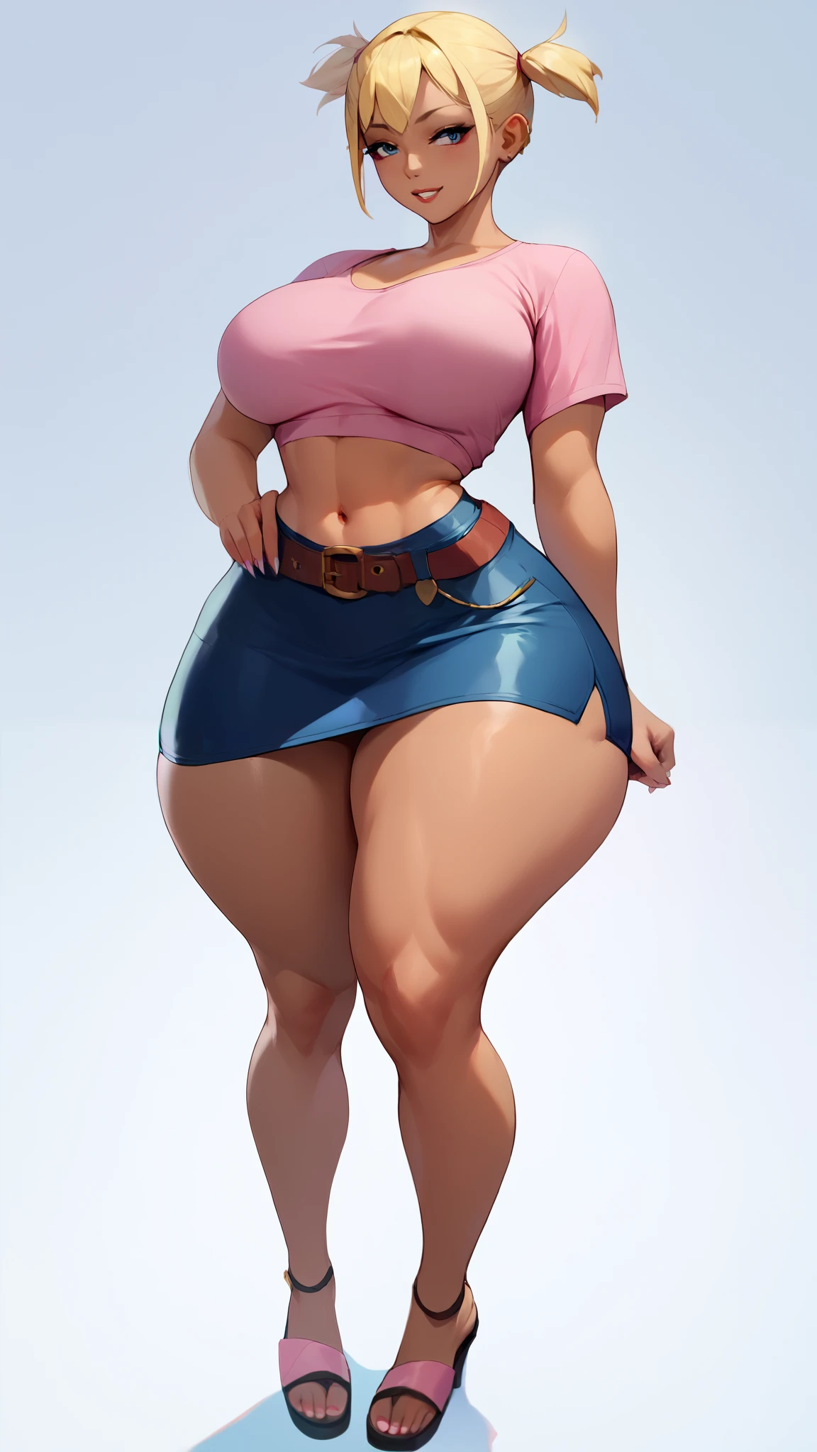 blank background, (((full body))), (masterpiece), ((best quality)), large sized breasts, short twintail, (((curvy:1.7))), (very short razor skirt), sandals, belt below navel, exposed midriff, blonde, (pink tshirt), (tan skin),