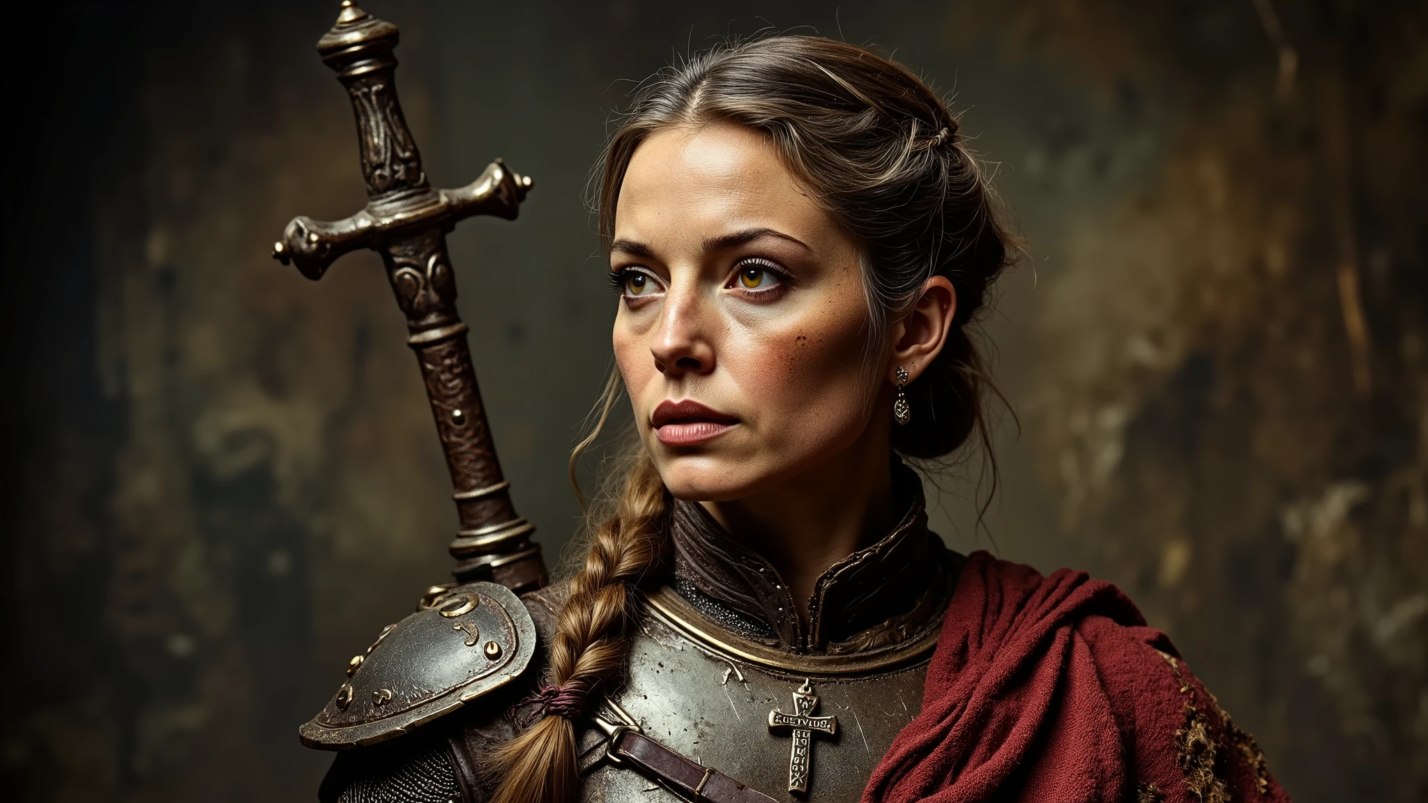 The Warrior-Priestess carries herself with the quiet confidence of someone who has been through hell and survived it. Everything about her exudes a controlled strength, from the steady way she walks to the sharpness in her amber eyes—eyes that hold both warmth and steel. She looks to be in her late thirties, perhaps early forties, but the kind of age that speaks of experience rather than decline.
Her face is striking, though not in a delicate way—high cheekbones, a strong jawline softened only by the kindness in her expression. There are faint lines at the corners of her eyes, the kind that come from years of holding steady when others falter. Her skin is sun-kissed, a warm bronze shade that suggests she spent much of her life outdoors before being transported here.
Her hair is a deep brown, nearly black, streaked with hints of gray. She keeps it pulled back into a long, practical braid, though a few loose strands always manage to escape, framing her face.
She wears a mix of plate and leather armor, battle-worn but well-maintained. The armor is functional, not adorned with unnecessary embellishments—she clearly prioritizes efficiency over aesthetics. Over it, she wears a deep red priestess's sash tied at her waist, its fabric faded and frayed at the edges. A simple, unadorned steel pendant hangs from her neck, resting against her chest. It's a religious symbol from this world, though she never speaks of what god, if any, she follows.
She moves with effortless control, every step measured, her posture always balanced between relaxed and ready.
Her hands—scarred but steady—are capable of both healing and harm. The way she wields her sword suggests years of practice, but just as easily, she can kneel beside an injured ally and murmur soft words of comfort.