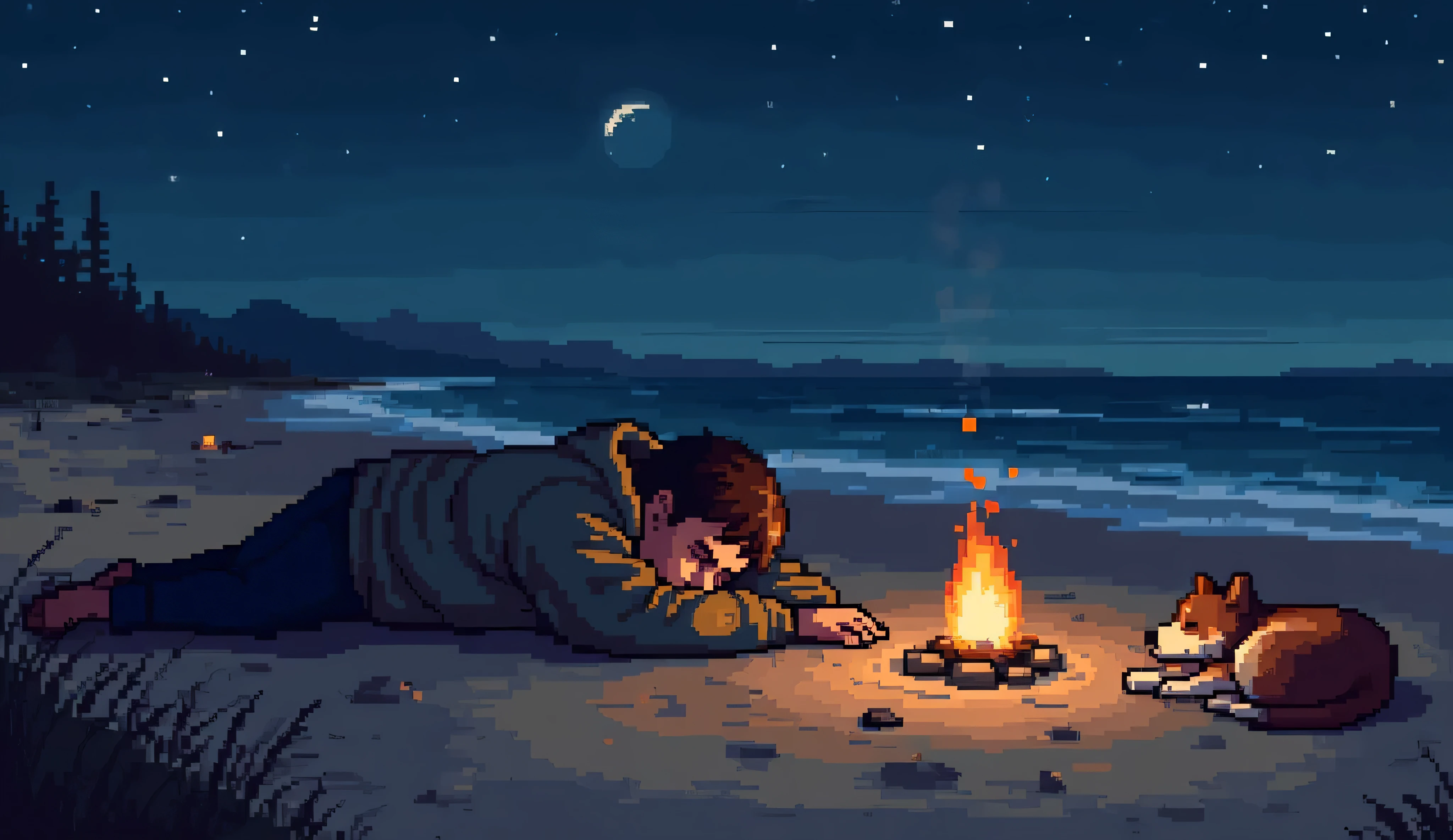 A peaceful pixel art scene of a man sleeping on a quiet beach at night, wearing a worn hoodie and resting his head on his arms in the soft sand. A small campfire crackles gently a short distance away, casting a comforting glow on the shoreline. On the far side of the fire, his loyal dog lies curled up, its fur faintly illuminated by the moonlight overhead. Gentle ocean waves lap at the shore beneath a sky full of stars, creating a calm, nostalgic atmosphere. The art style is highly detailed pixel art, featuring intricate shading and soft, warm lighting that capture the tranquil, restful mood.