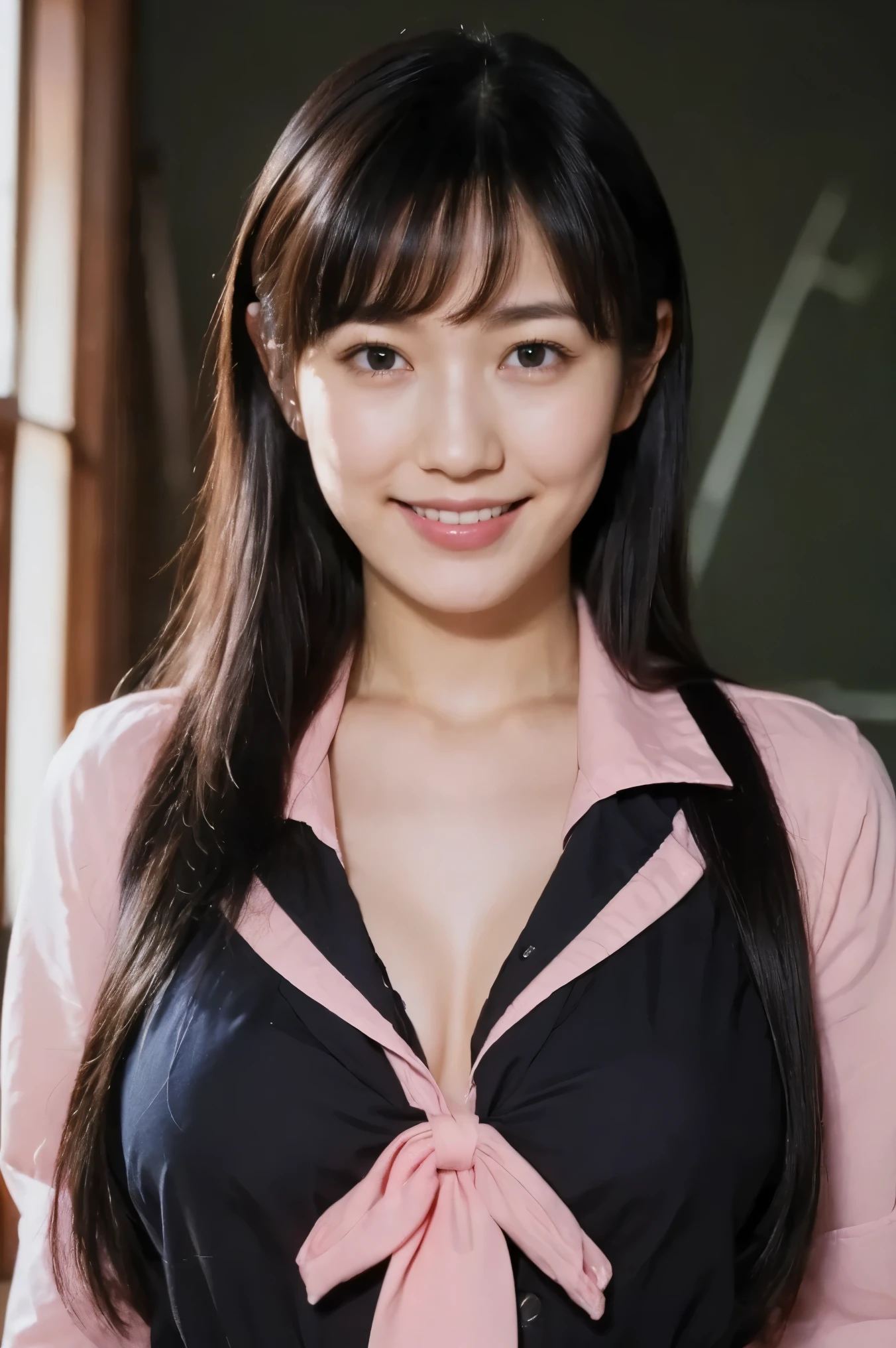(((( women play １By people)))),(((beautiful black hair))),(( realistic person images in dark waters)),(Realism),((Best Quality)),(mastepeice),(top quality),((best image quality)),((highest resolution)),((fine details)),((Beautiful detailed face)),((((Black Eyes)))),(camera) ,((realistic skin)),((((pink cutter shirt in a late night school classroom)))),(((((Average size breast ))))),(((((dark school 教室:detailed background))))),((( accurate body))),(((((( looks at her upper body)))))),((((dark school )))),(smiles),