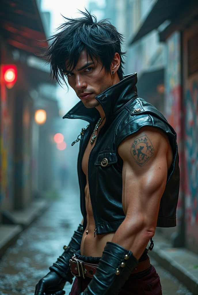 Create a free fire character with stylish sunglasses and black hair with a masculine blue streak, and with some tattoos on his belly and chest, with white shorts with small blue details and white flip-flops,