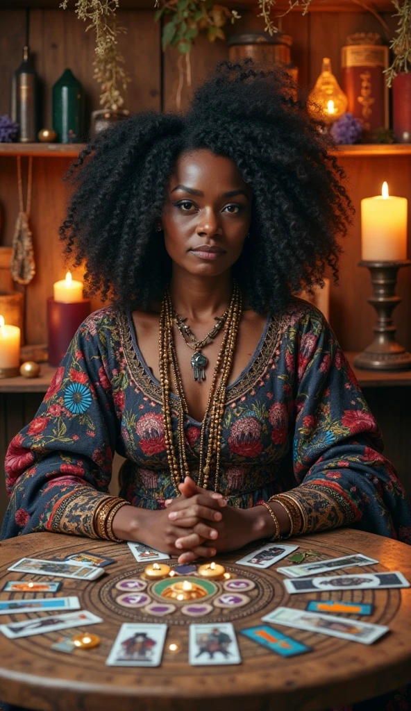 Create a real photo of a brown curly woman , tarot reader with wide nose without cleavage ( without it seems that it was made by Ai