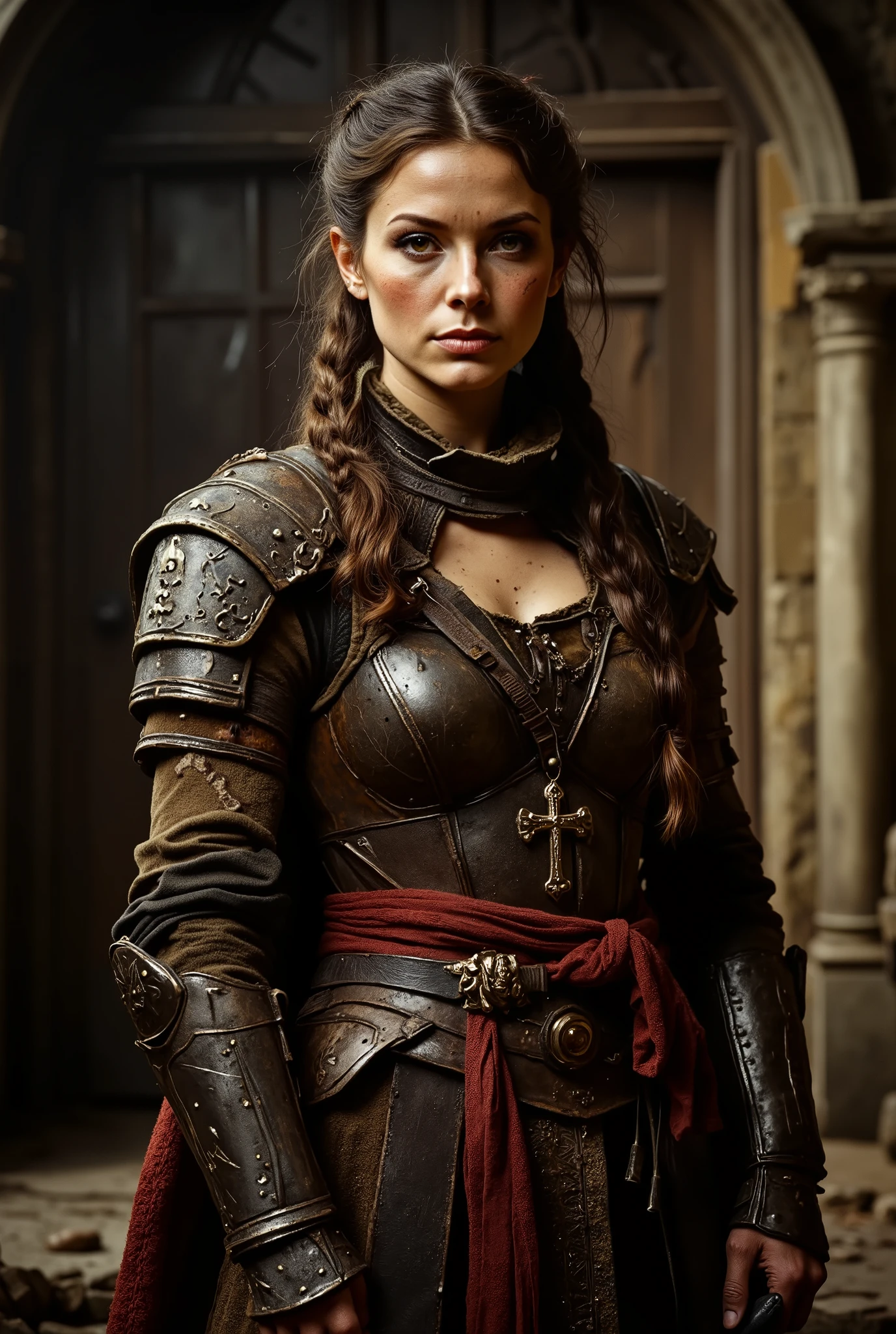 The Warrior-Priestess carries herself with the quiet confidence of someone who has been through hell and survived it. Everything about her exudes a controlled strength, from the steady way she walks to the sharpness in her amber eyes—eyes that hold both warmth and steel. She looks to be in her late thirties, perhaps early forties, but the kind of age that speaks of experience rather than decline.

Her face is striking, though not in a delicate way—high cheekbones, a strong jawline softened only by the kindness in her expression. There are faint lines at the corners of her eyes, the kind that come from years of holding steady when others falter. Her skin is sun-kissed, a warm bronze shade that suggests she spent much of her life outdoors before being transported here.

Her hair is a deep brown, nearly black, streaked with hints of gray. She keeps it pulled back into a long, practical braid, though a few loose strands always manage to escape, framing her face.

She wears a mix of plate and leather armor, battle-worn but well-maintained. The armor is functional, not adorned with unnecessary embellishments—she clearly prioritizes efficiency over aesthetics. Over it, she wears a deep red priestess's sash tied at her waist, its fabric faded and frayed at the edges. A simple, unadorned steel pendant hangs from her neck, resting against her chest. It's a religious symbol from this world, though she never speaks of what god, if any, she follows.

She moves with effortless control, every step measured, her posture always balanced between relaxed and ready.

Her hands—scarred but steady—are capable of both healing and harm. The way she wields her sword suggests years of practice, but just as easily, she can kneel beside an injured ally and murmur soft words of comfort.