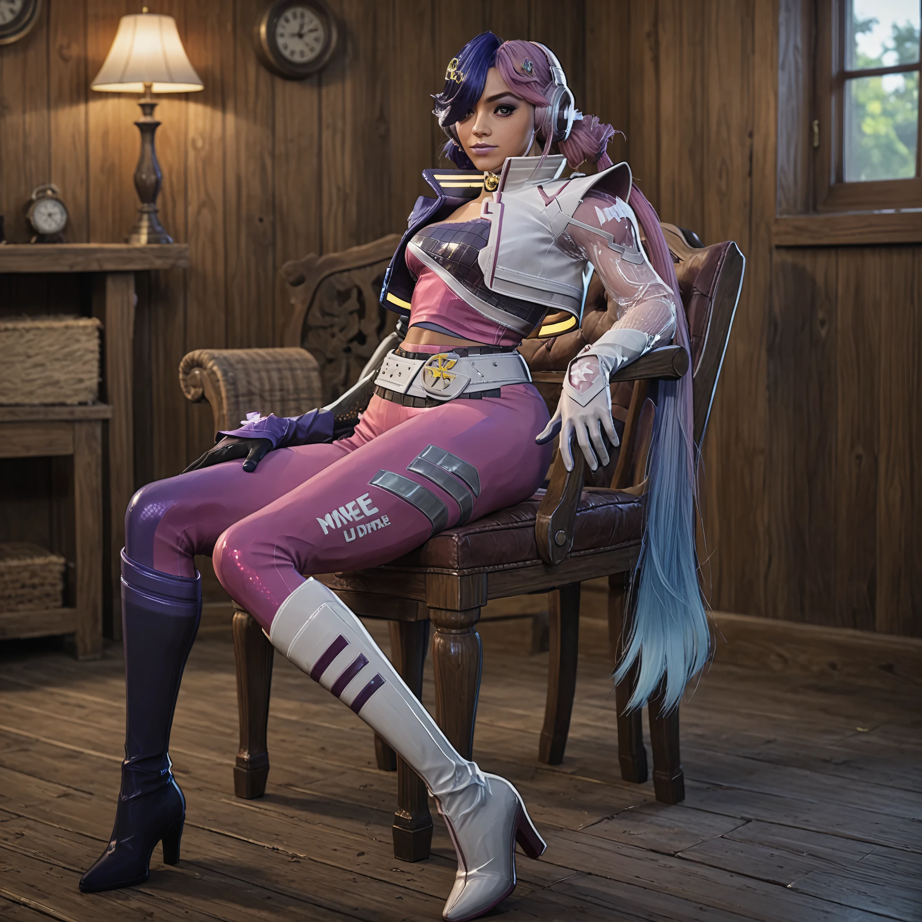 (Masterpiece), (expressive eyes), 1girl,, medium shot, cleavage, large breast, large butt, log cabin, chair, sitting down, full body,.,lun4m2099, solo, gloves, purple hair, multicolored hair, belt, jacket, pink hair, long hair, headphones, blue hair, makeup, hair over one eye, pants, boots, bodysuit, lipstick, very long hair, purple lips, eyeshadow, cropped jacket, navel, twintails, high heels, two-tone hair, hair ornament, gradient hair, purple jacket,
purple boots, white boots,
, score_9, score_8_up, score_7_up, source_anime, ,