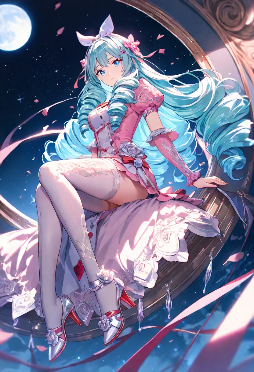 A beautiful girl, sweet, full body photo, flesh-colored lace, light pink long hair, closed moon shame flower, overwhelmed by the country, love-type powder blue crystal jewelry on the head, incomparably beautiful, black stockings, dark blue eyes, full body portrait, close-up, crystal high heels, full body portrait, lying on the bed, blue gauze skirt, delicate facial features, perfect figure, messy light pink long hair, moaning, seduction, bare shoulders, crystal scene, crystal necklace, crystal wine glass