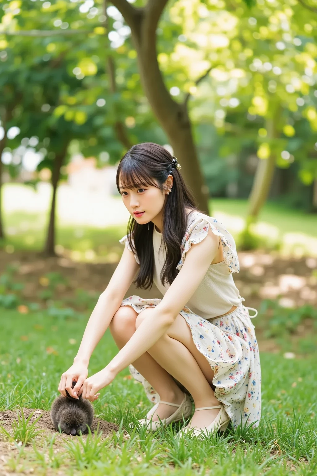 There is a young woman sitting cross-legged on the grass, sitting on the green grass, on the grass, beautiful anime girl squatting, on a sunny day, the girl sits in a flower field, sitting in the field, on a sunny day, summer afternoon, sitting on the ground, stretching her legs on the grass, anime girl squatting with ankle injury