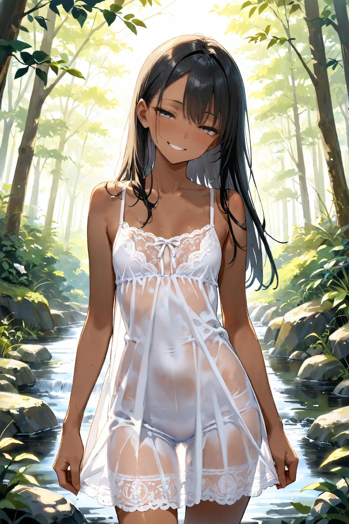 best quality,masterpiece,1girl,solo,(((NSFW))),(((9years old))),japanese girl,an extremely cute and beautiful girl,highly detailed beautiful face and eyes,petit,cute face,lovely face,baby face,shy smile,show teeth,black hair,medium long hair,Hairless pussy,flat chest,skinny,slender,(((wearing a wet transparent white mini baby-doll dress))),(((standing in a flower garden))),she is looking at the viewer,hands lift up dress,(upskirt above the waist:1.1),(no panties:1.1),(legs spread wide:1.1),(no bra:1.1)